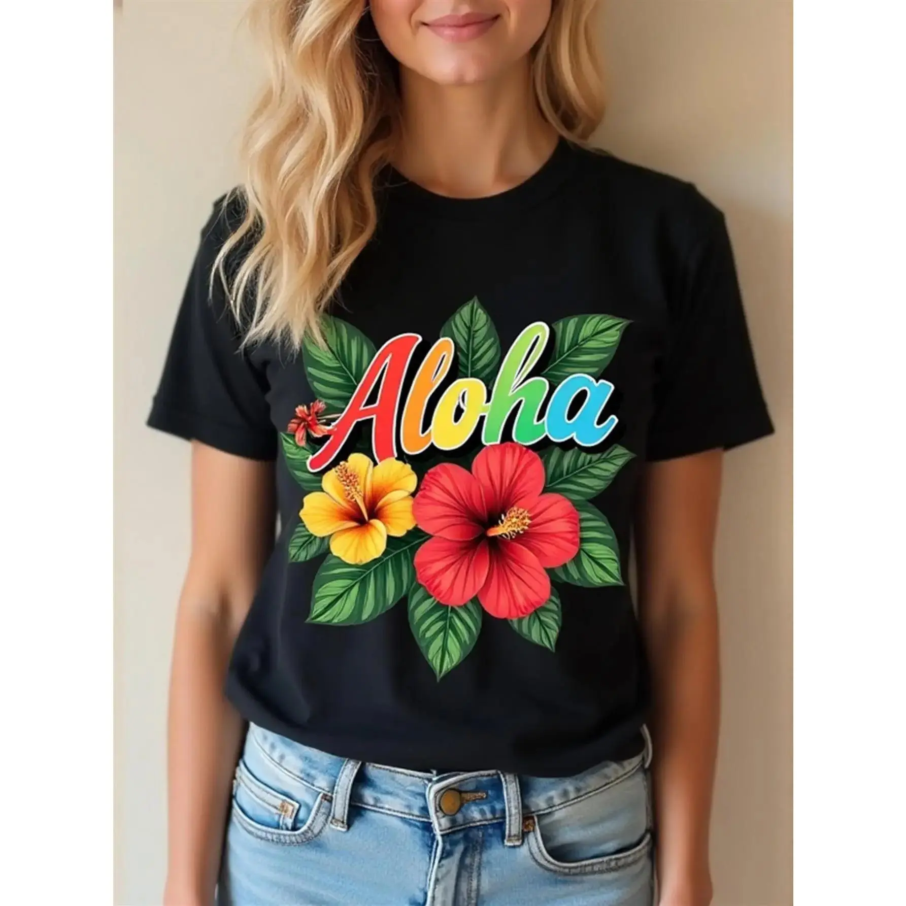 Women's Hawaiian Aloha T-Shirt with Hibiscus & Plumeria Flower Print & Aloha Lettering - Lightweight Breathable Short Sleeve Crew Neck Top in Hawaiian Colors (Pink, Yellow, Orange, Green, Blue) for Beachwear, Hawaiian Luau Outfits, Casual