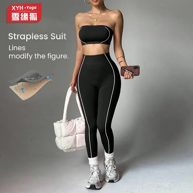 NBGRLVS Women's 2-Piece Nylon Blend Yoga Gym Wear Set - Contrast Color Wrap Chest Top, High Waist Stretchy Peach Hip Slim Fit Pants for Yoga, Running