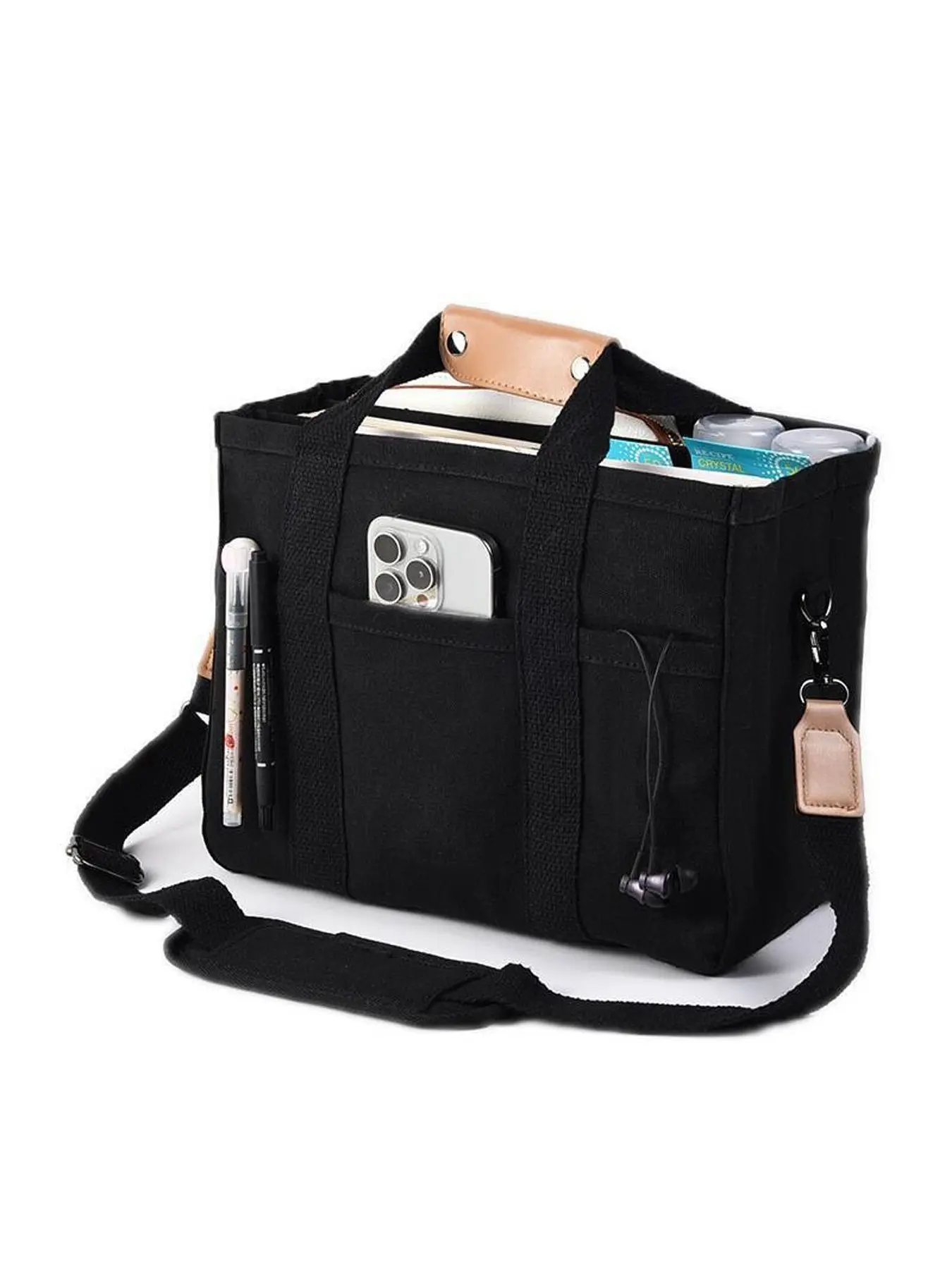 Multi-Pocket Canvas Tote Bag, Convertible Handbag and Crossbody, Large Capacity Organized Teacher Bag, Office School Daily Use, Everyday Shoulder Bag