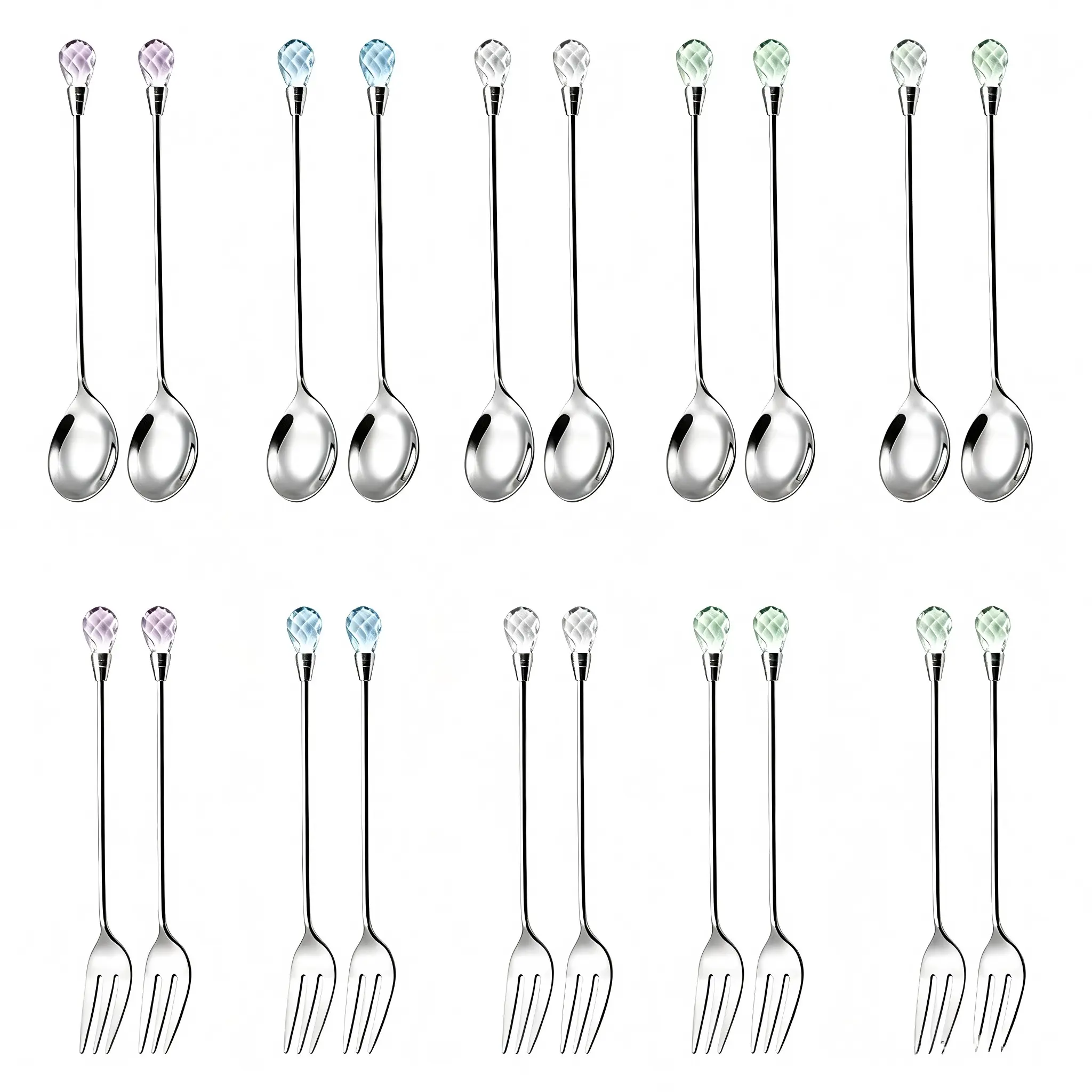 5 Piece Silver Color Fork Spoon Set, Creative Crystal Dessert Spoons, Stainless Steel Coffee Stirrer and Sweetener Set, Perfect for Parties