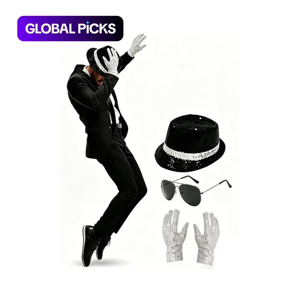 Disco Stage Performance Costume Accessories Set, Glitter Hat, Glasses and Gloves, Music King Party Decor for Cosplay Halloween, Retro Pool and Beach Parties, Festivals and Nightclubs, Party Costume Accessory #GLOBAL PICKS