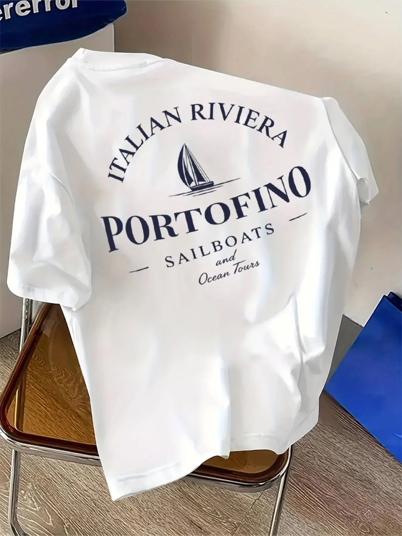 Men's Italian Coast Sailing Pattern Print Casual Round Neck Short Sleeve T-Shirt, Summer Outdoor Sports Top, Fitted Long Tee