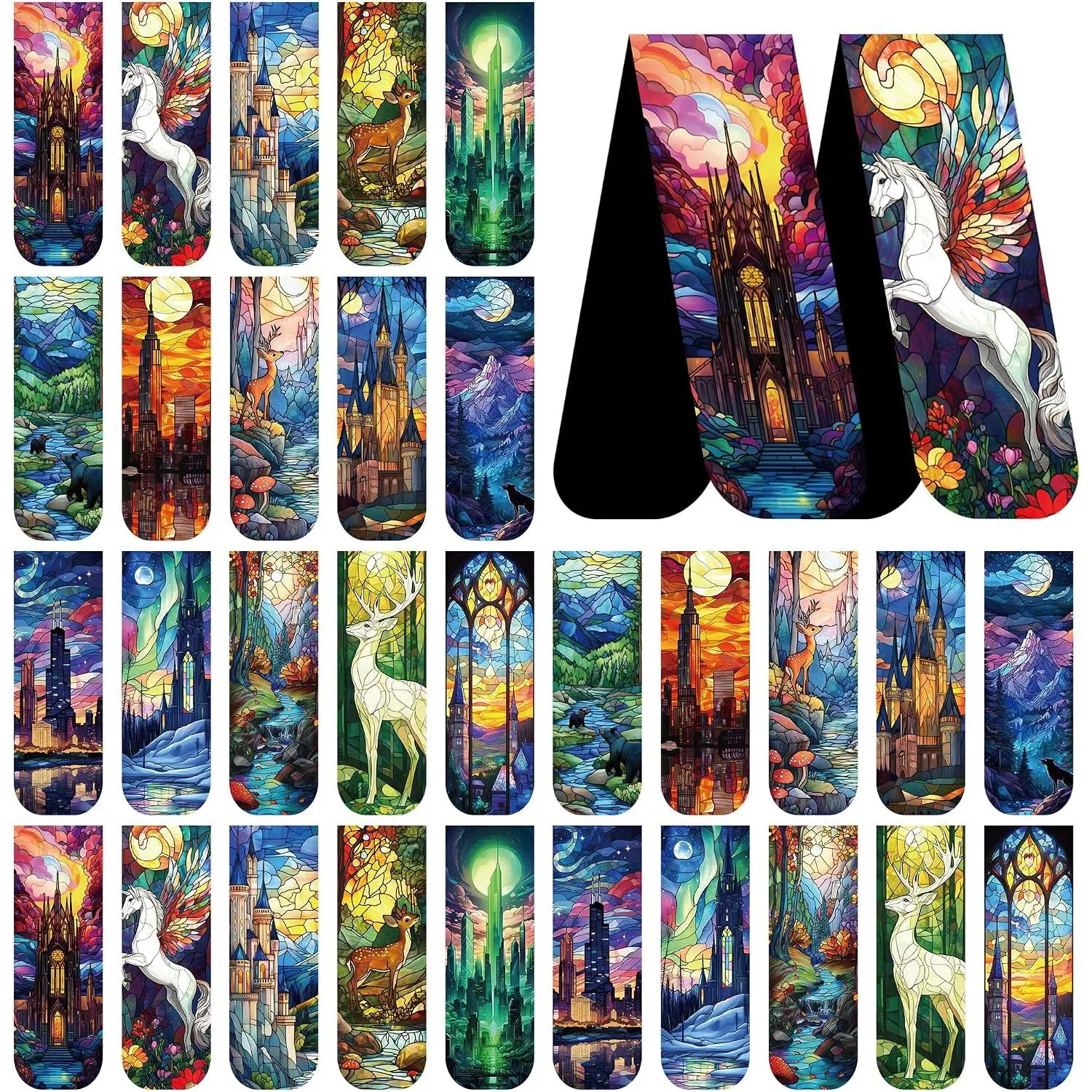 Fantasy  Bookmarks, 30 count Stained Glass  Book Markers, Aesthetic Book Marks Gifts for Reading Women Book Lovers
