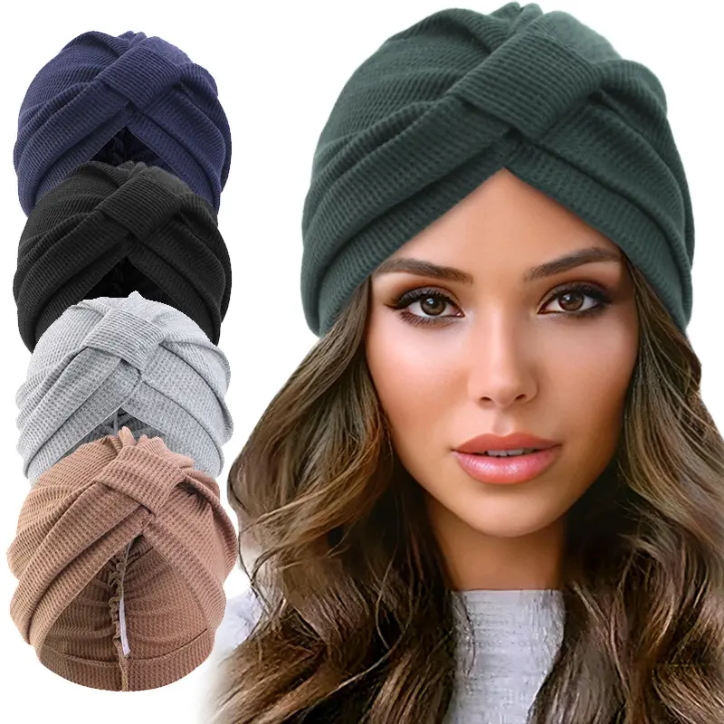 Women's Stretchy, Breathable Waffle Knit Twist Front Turban Beanie - Cross Knot Headwrap, One Size, Full Coverage for Outdoor Wear, Casual Use (Sports & Outdoor Accessory)