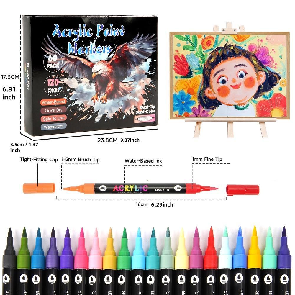 120 Colors Acrylic Paint Marker Pen Set, 60pcs/set Permanent Oil Marker Pen, Multifunction Art Supplies for Rock Painting, Fabric, Stone, Wood, Glass, Paper, Plastic, Christmas Gift, Acrylic Markers