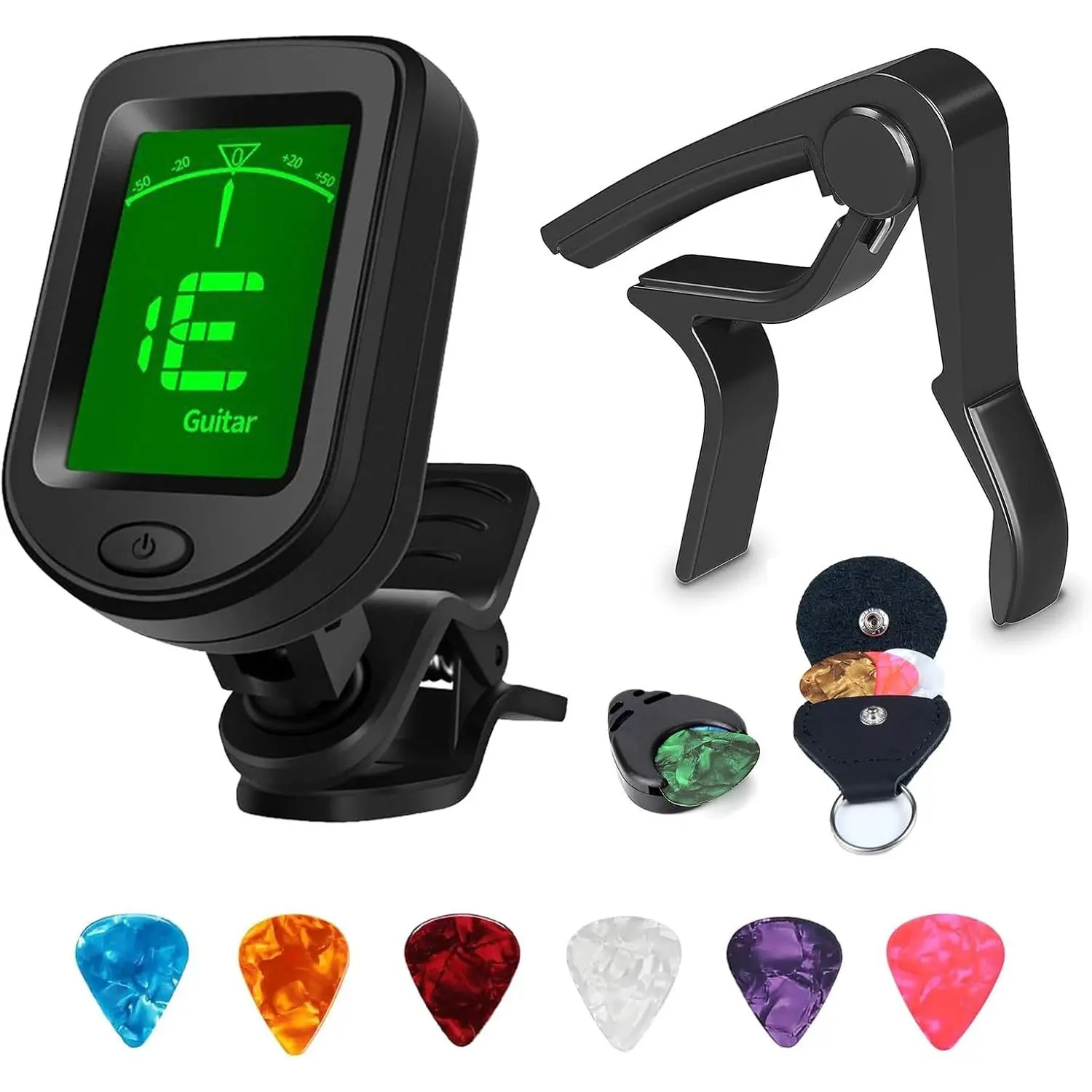 Guitar Accessories Including Clip- Guitar Tuner,Guitar Capo,Guiter Picks,Leather Pick Pouch and Pick Holder,for Guitar Players and Beginners