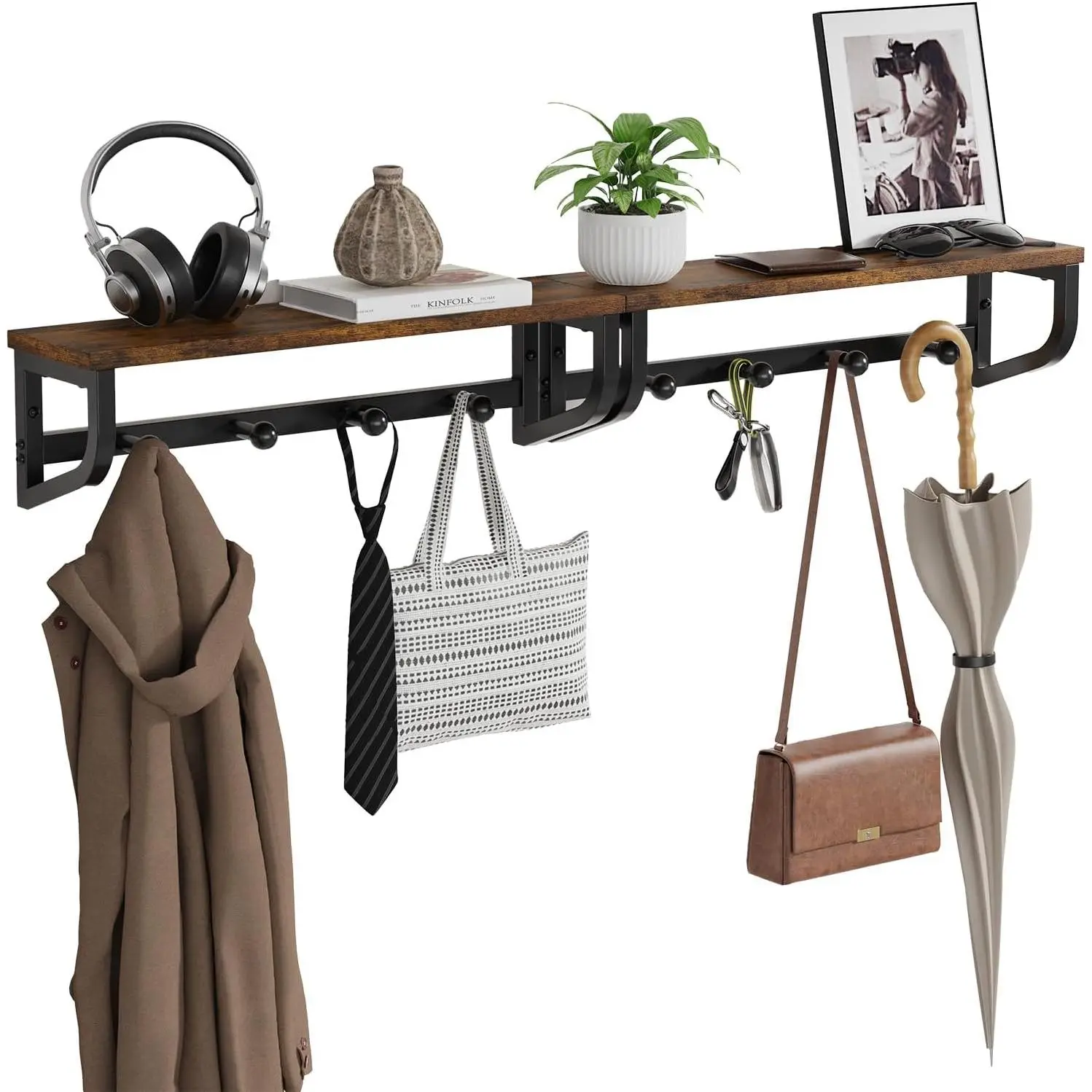 Brown 2-Pack Industrial Heavy-Duty Carbon Steel Wall-Mounted Coat Rack with Shelves, 4 Steel Hooks, Organizer for Entryway, Bedroom