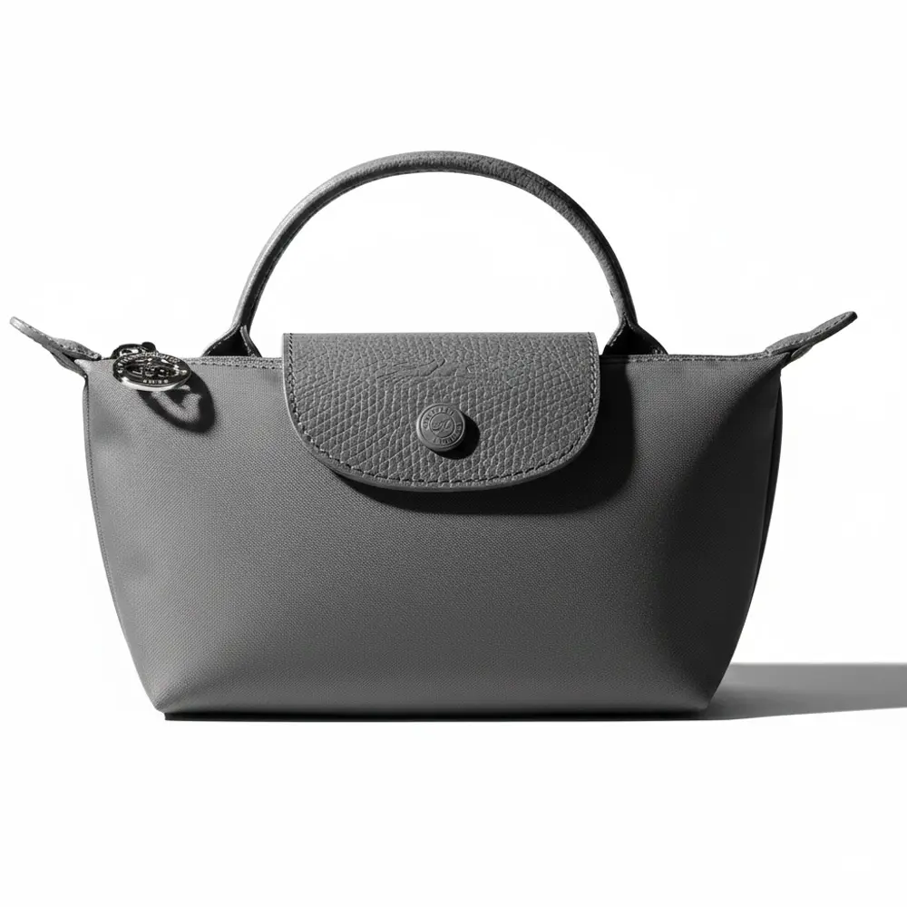 Women's Longchamp Le Pliage Handbag - Charcoal Grey Nylon Fabric with Metallic Silver Hardware