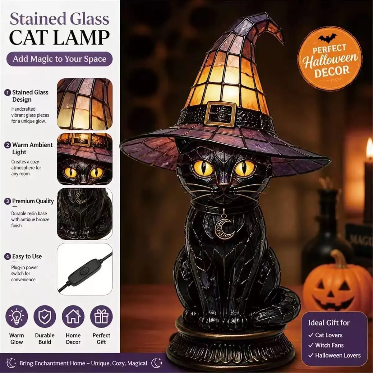 Stained Glass Black Cat Table Lamp with Witch Hat, Vintage Tiffany Style Cat Night Light, Halloween Decorative Desk Lamp, Witchcraft Home Decor Gift for Cat Lovers Halloween Party, Atmosphere Night Light