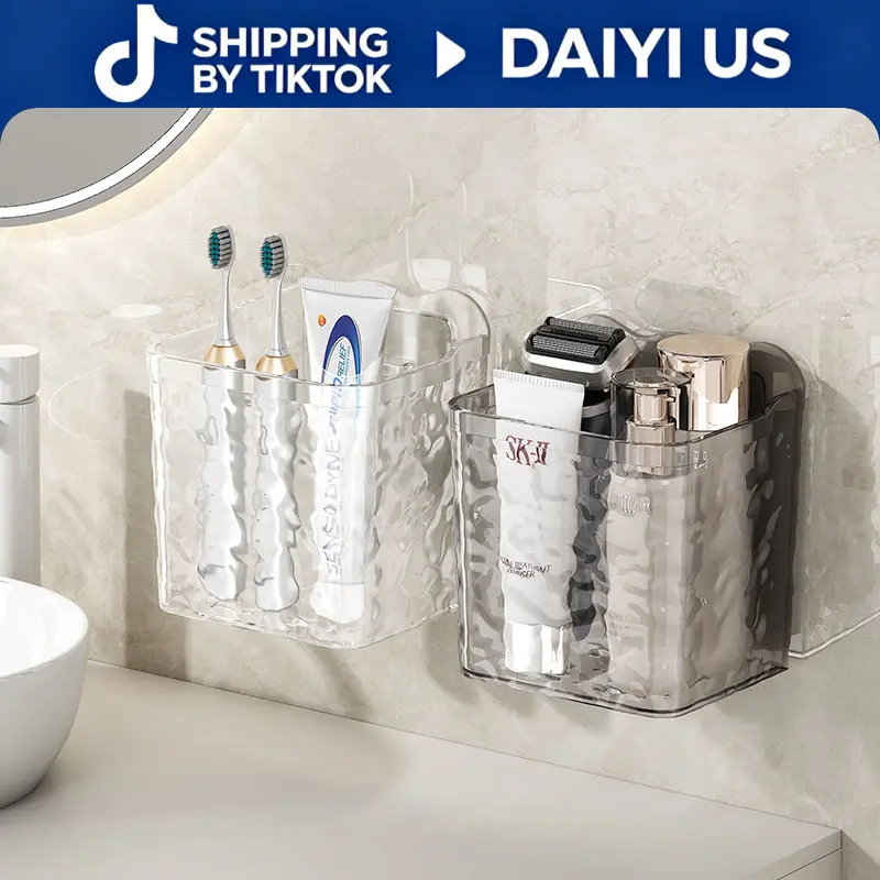 2 Pack Clear Wall Mounted Bathroom Organizer Bins, No-Drill Adhesive Shower Caddy & Vanity Storage Box for Skincare, Toothbrush, Facial Towels, Aesthetic Water Ripple Plastic Countertop Basket,Suitable For Bedrooms, Kitchens,Bathrooms,Christmas Gift