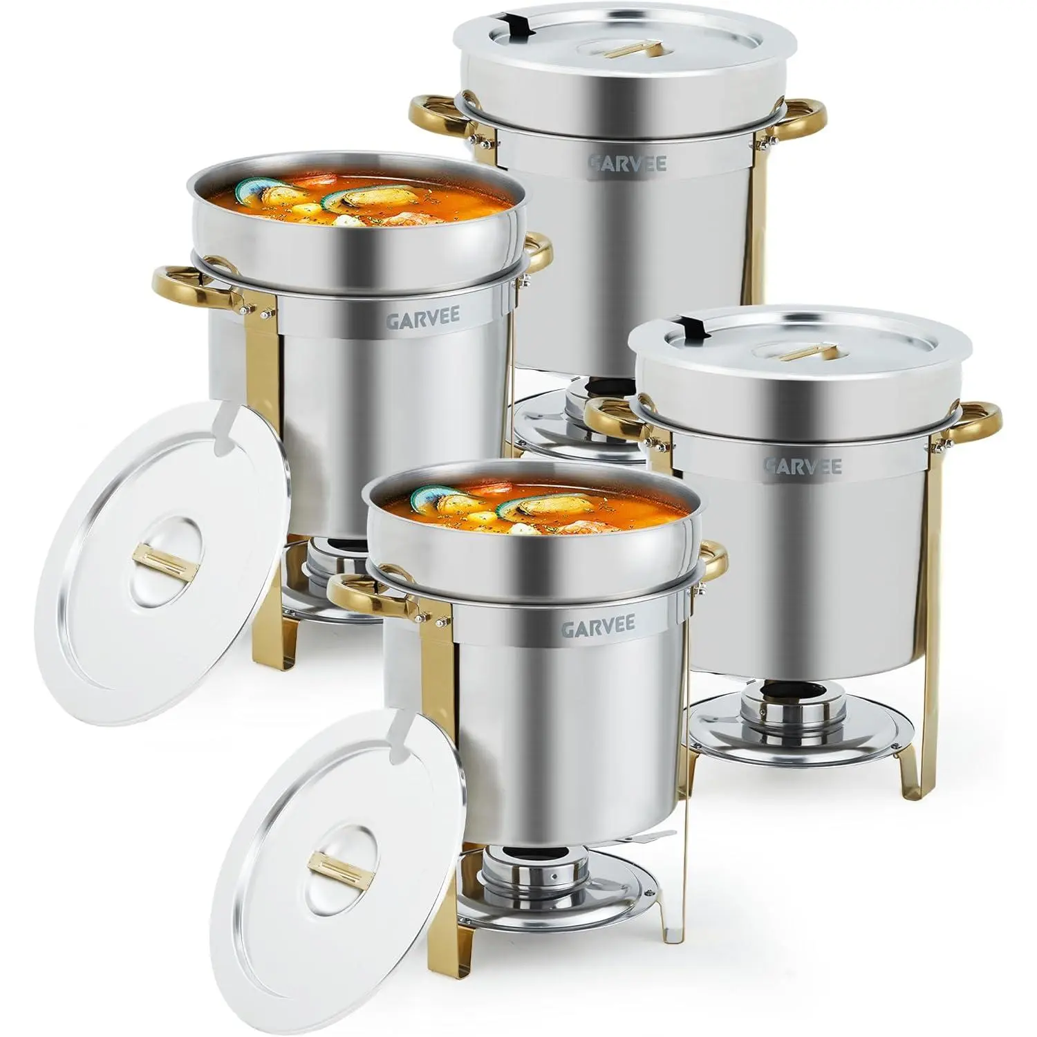 4 Pack Round Soup Chafer, 11QT Stainless Steel Soup Warmer with Pot, Notched Lids & Fuel Holders, Commercial Food Warmer for Buffets Parties Wedding Banquets Catering, Gold