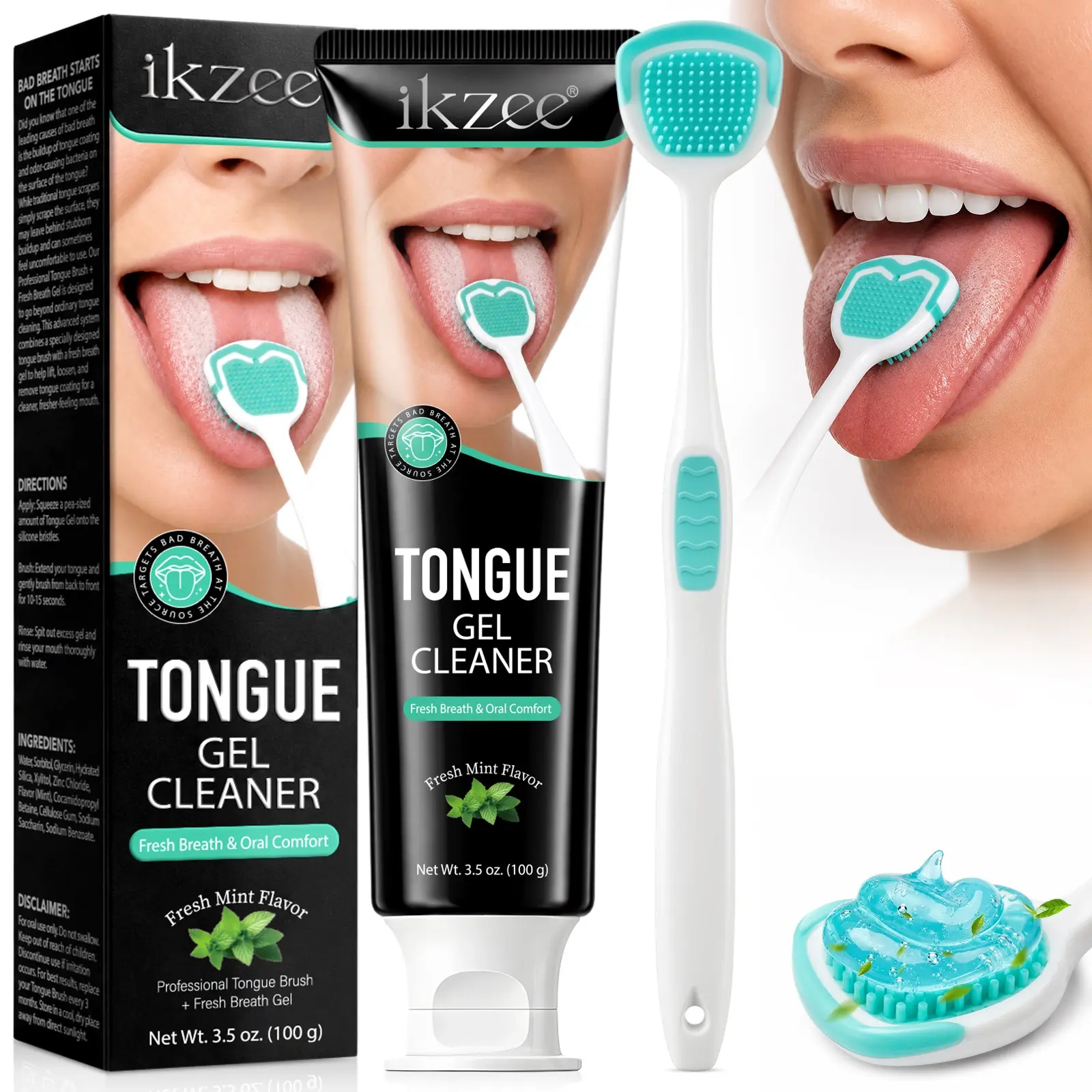ikzee Tongue Cleaning Gel Set: 100g tongue cleaning gel + 1 tongue cleaning brush; cleans your tongue in 15 seconds for fresh breath Mouth Care