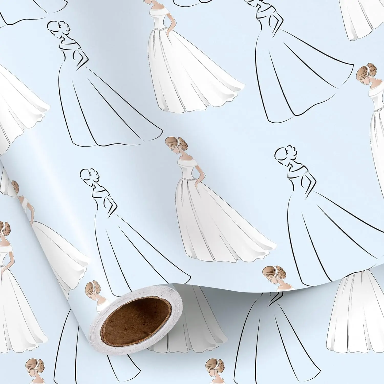 Wedding Wrapping Paper Roll, Mini Roll, Elegant Bride Illustration with Wedding Dresses Design, Light Blue Gift Wrap Paper for Bridal Shower and Anniversary, 17 Inches x 16.4 Feet