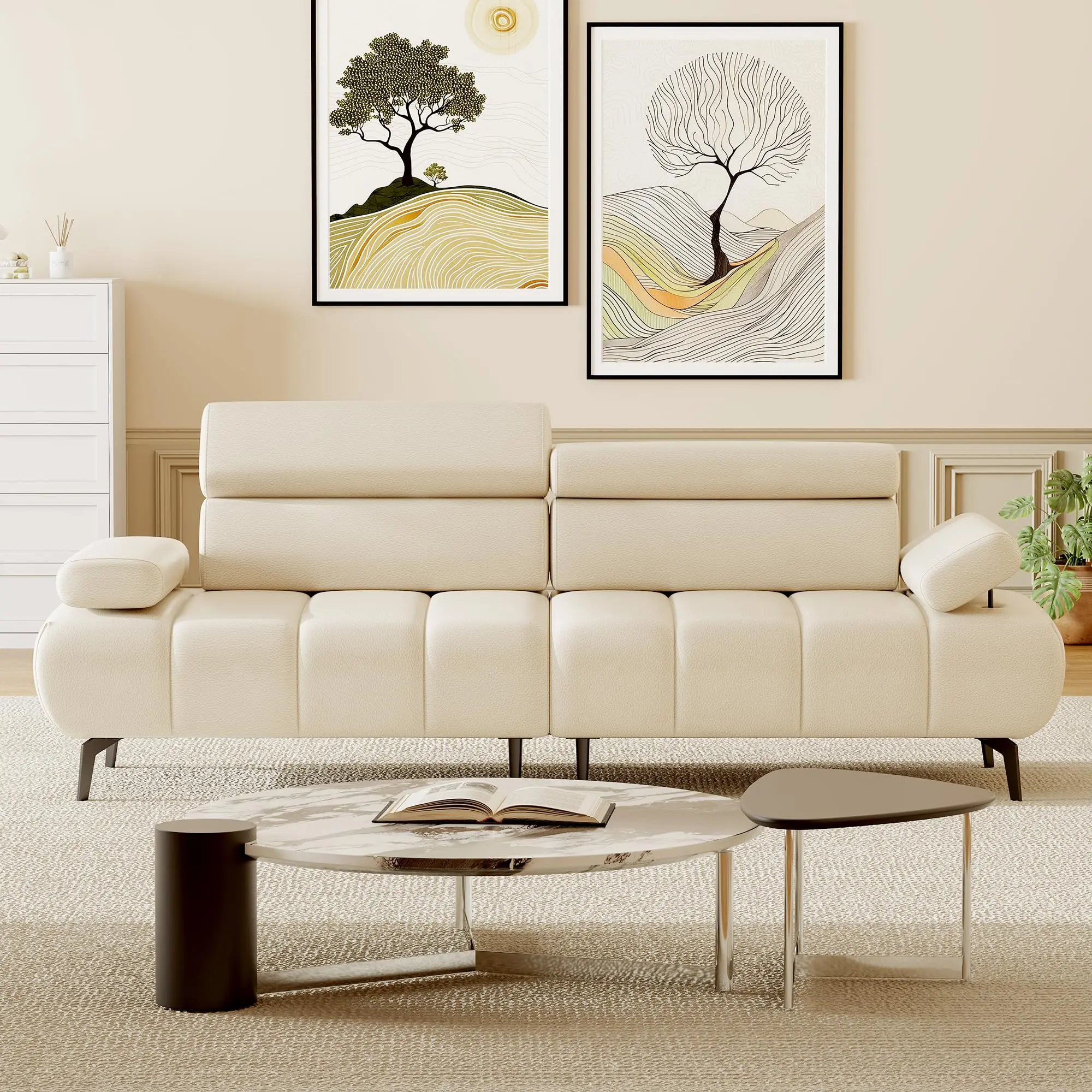 Sofa Couch, Morden 3-Seater PU Leather Sofas With Adjustable Headrest and Armrest, Couch With Separated Two Independent Sofas Function for Living Room, Bedroom, Office,White/Brown(2 Boxes)