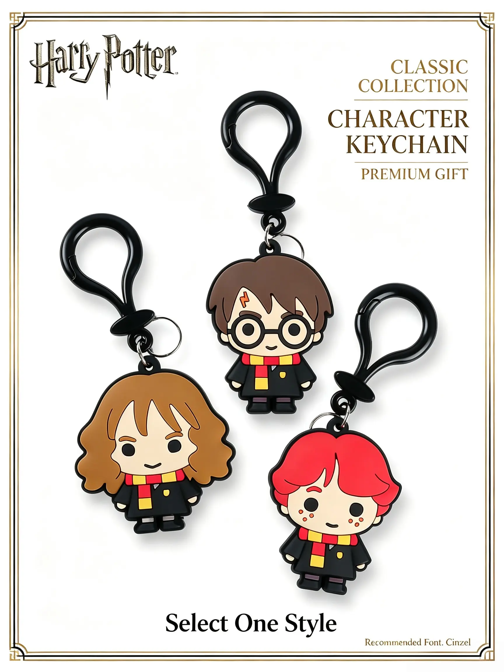 Harry Potter Official Licensed Q Version Iron Triangle Soft Gel Keychain, Harry/hermione/ron Silicone Clip, Backpack Zipper Charm, Cute Gift for Fans