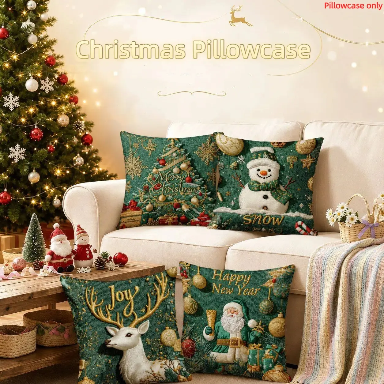 Christmas Festive Pillowcase Set of 4, Santa Claus, Snowman, Reindeer, Candy Cane Design, Polyester, Living Room and Sofa Decor