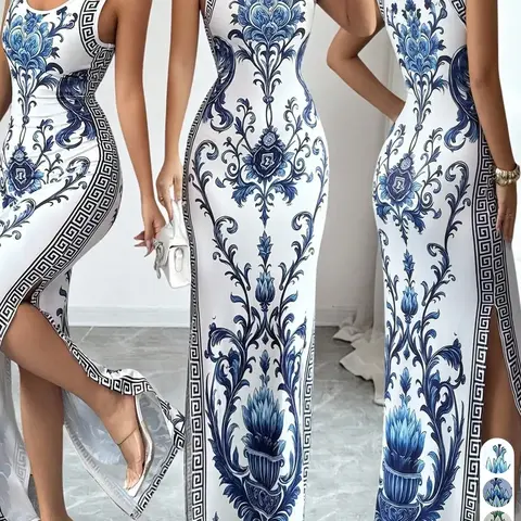 Blue-and-White Porcelain Style Sleeveless Long Bodycon Dress for Summer Beach & Vacation, Evening Party Wear, Date Night Dresses