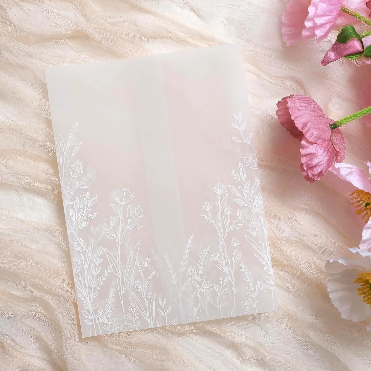 50 Pack Vellum Jackets for 5x7 Invitations - Pre-Folded 130GSM | Translucent Wildflower Vellum Paper Wraps with Chamfered Edge for Wedding Invitations, Baby Shower, Birthday Greeting Cards