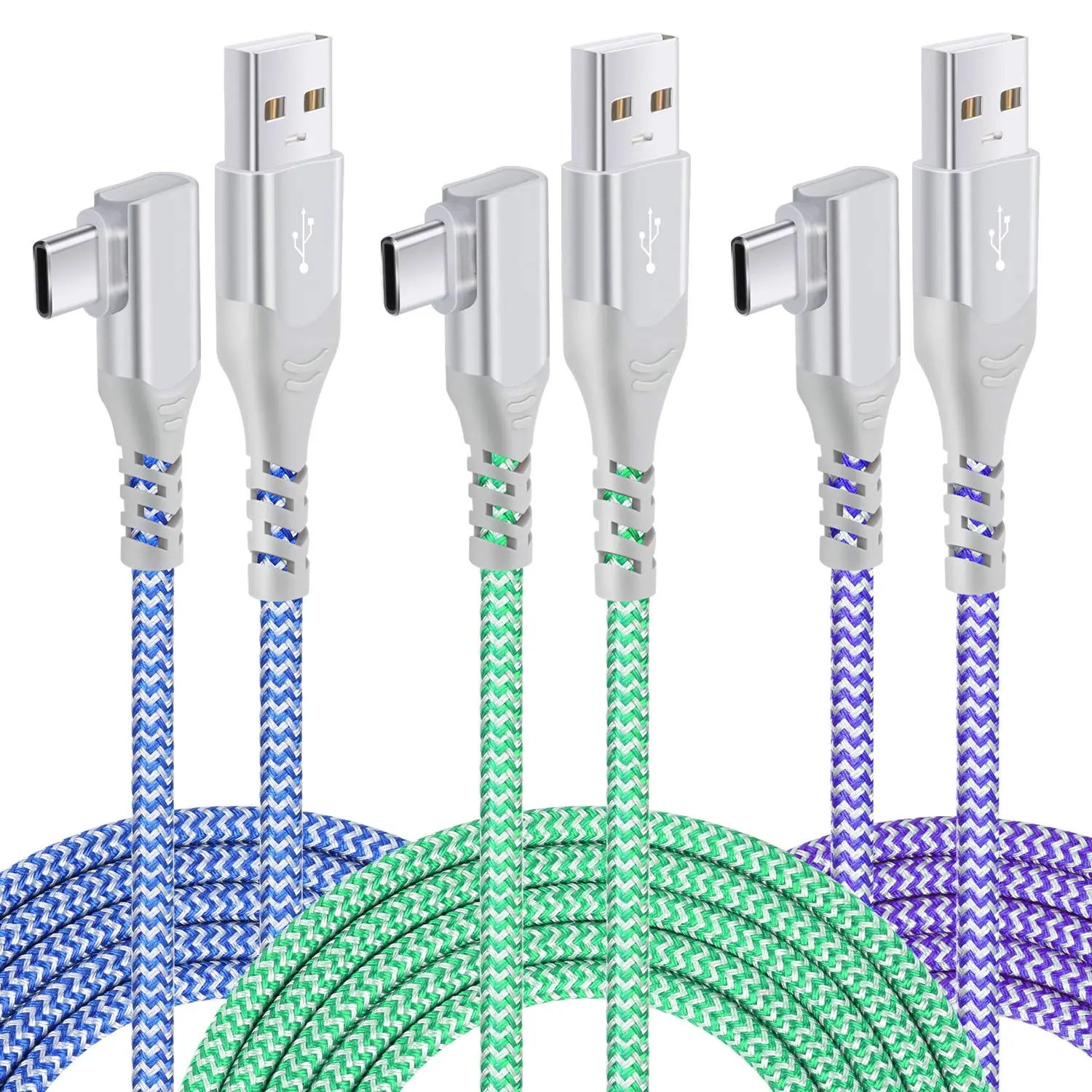 USB C   ,3Pack 10ft Nylon Right Angle USB A to USB C