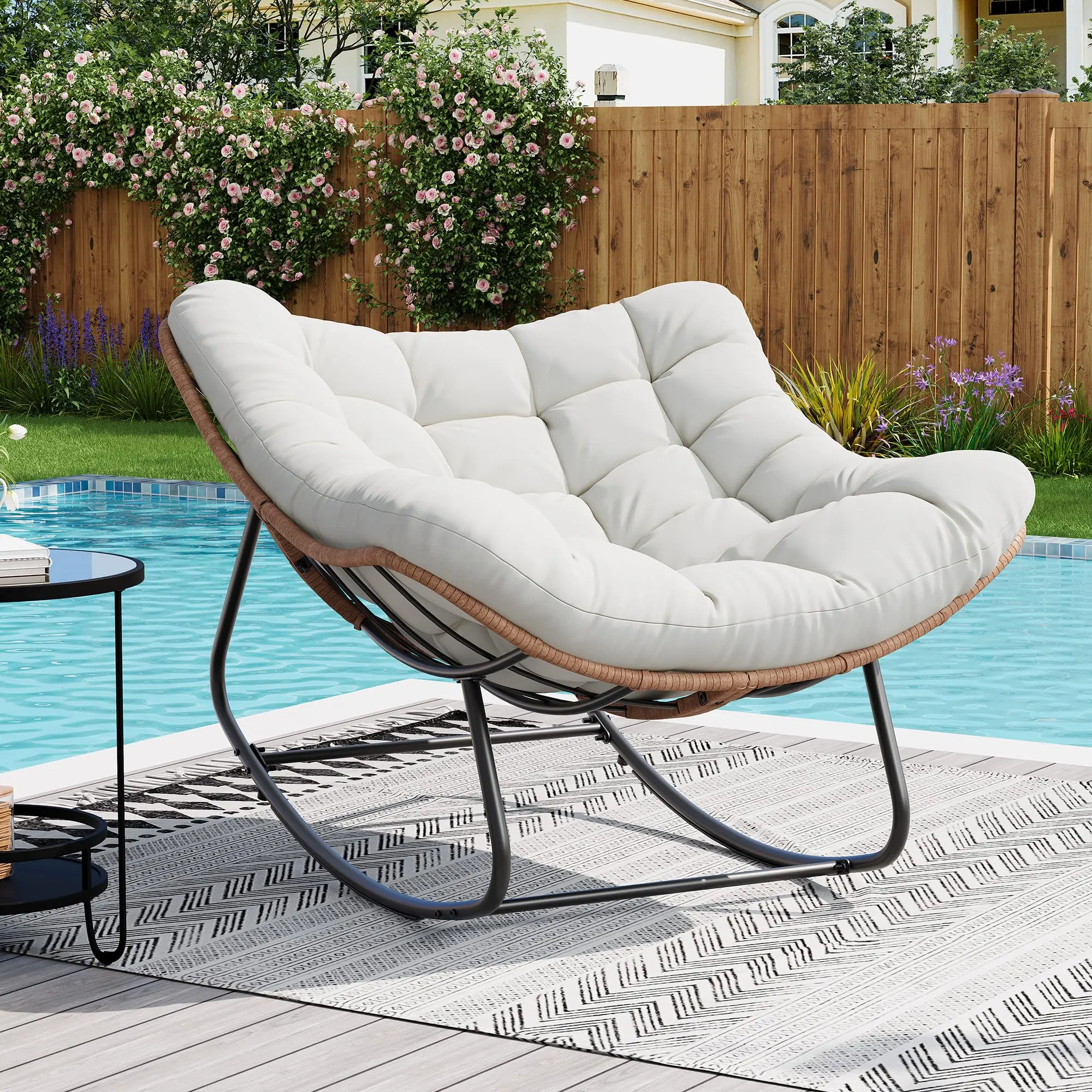 Summervibes Flash Sale Home Items 2-in-1 Papasan Rocking Chair, Handwoven PE Rattan, Powder-Coated Steel Frame, 400 LBS Weight Capacity, All Weather Thick Breathable Cushion, 30° Smooth Rocking Motion, Anti-Slip Foot Pads, Indoor Outdoor Patio Garden