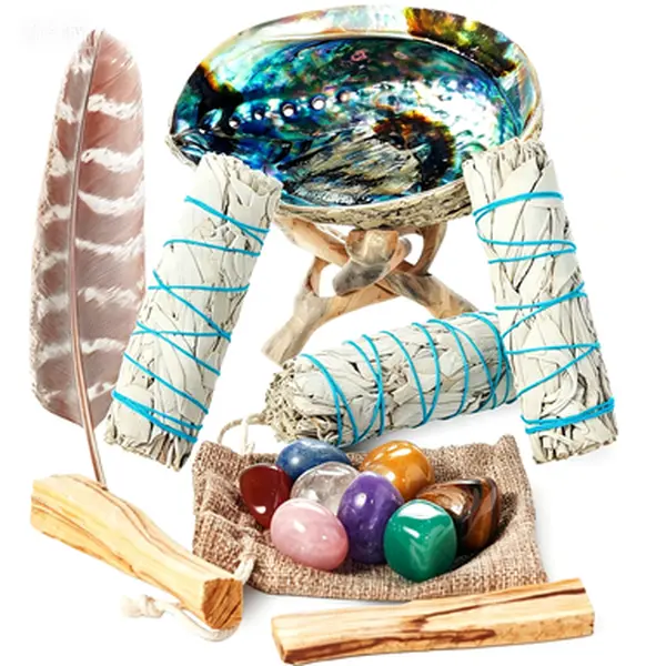 Spiritual Smudge Kit, White Sage Bundles for Cleansing, 8 Healing Chakra Stones with Abalone Shell & Stand, Smudging Feather with Cleanse Guide, Smoke Cleansing Sticks for Manifesting and Growth, Reusable Smudge Tools for Home Blessings