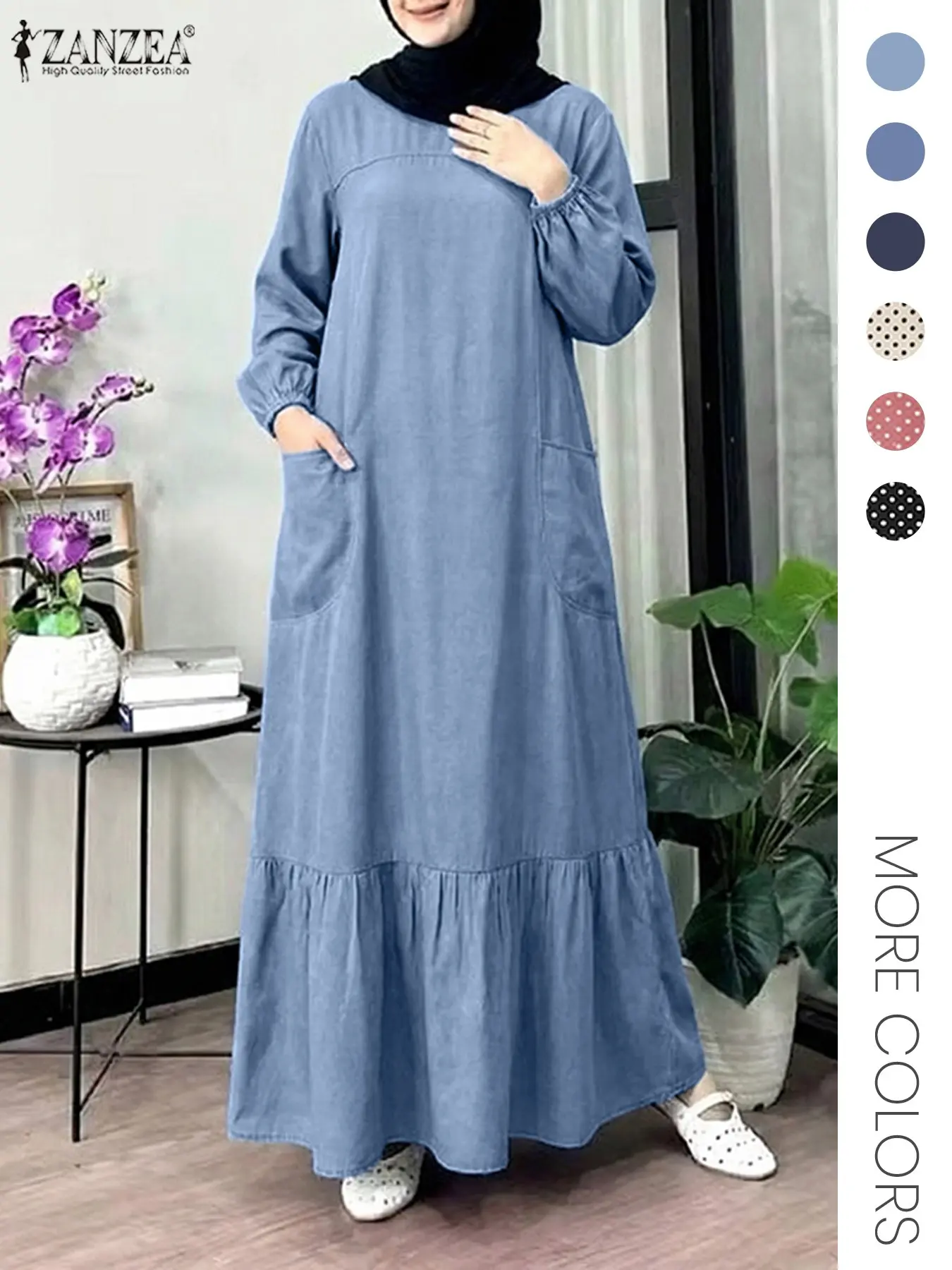 Women's Casual Modest Style Ruched Dress, Round Neck Long Sleeve Woven Fabric, Loose-Fitting All Seasons Clothing, Perfect for Daily Long Sleeve Dresses, Casual Muslim Clothing