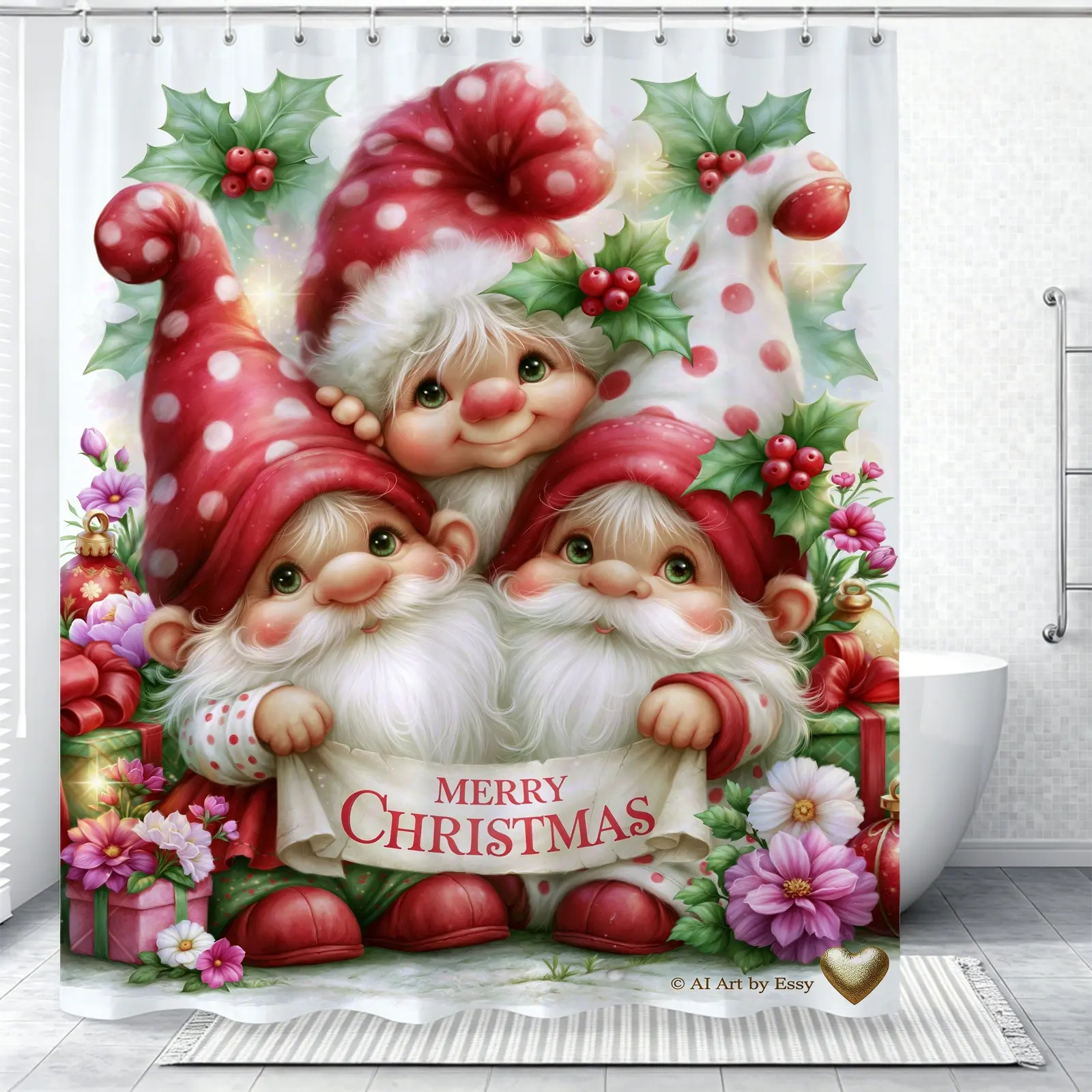 Christmas Gnome Merry Christmas Shower Curtain, Waterproof Fabric, Easy to Install, Vintage Retro Decorative Design, Ideal for Home, Hotel, Dorm Bathroom Decor, Festive Holiday Bathroom Accessories
