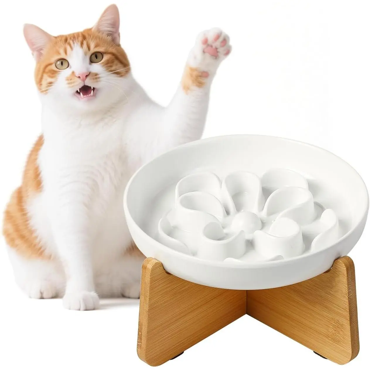 Elevated Slow Feeder Cat Bowl - Melamine Cat Dish with Anti-Slip Bamboo Stand - Whisker Friendly Feeding Bowl - Floral Maze Food Plate for Slow Eating - White