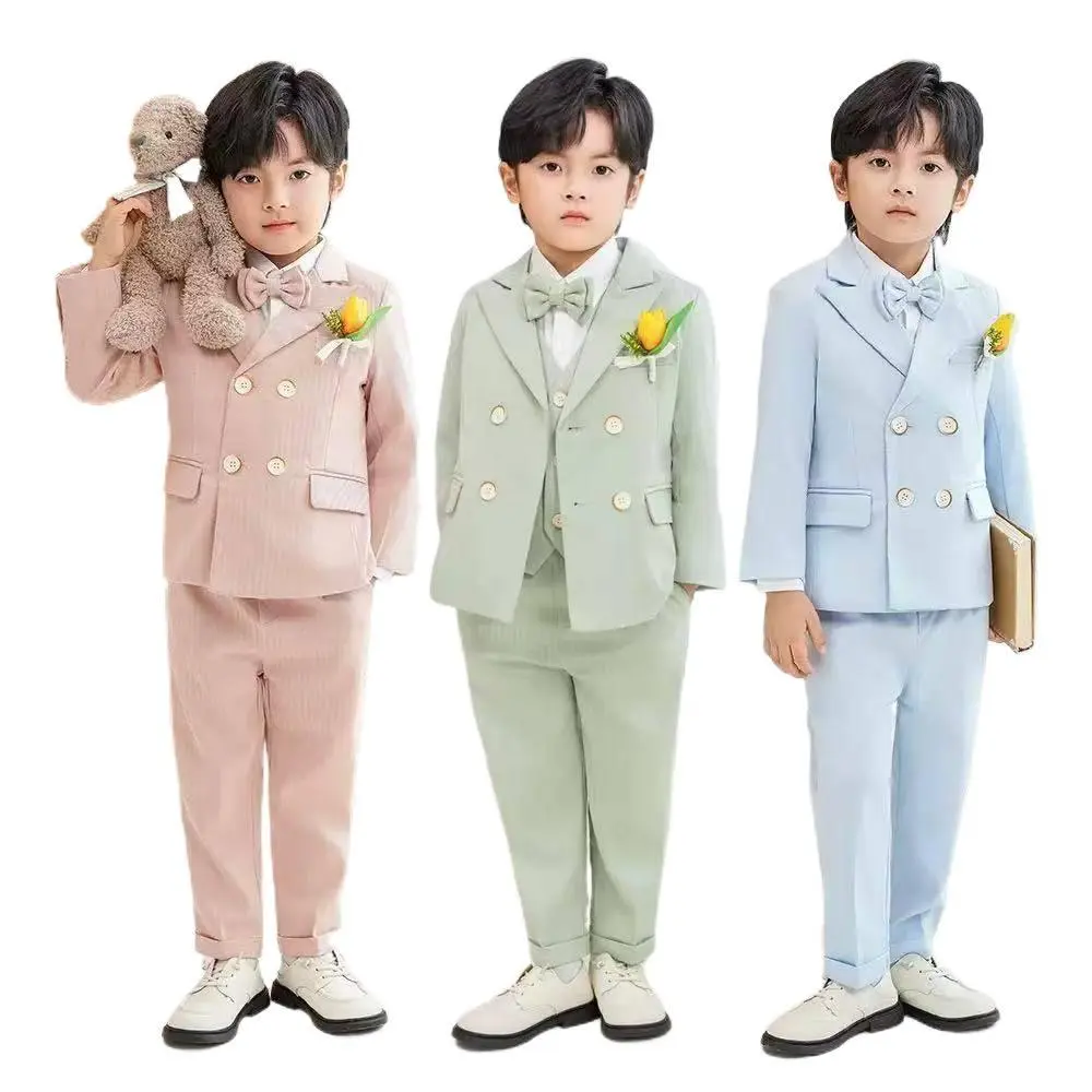 Boys' four-piece school uniform set includes a jacket, vest, trousers, and tie, anti-wrinkle and durable, classic cut, suitable ceremonies, parent-teacher meetings, and class group photos
