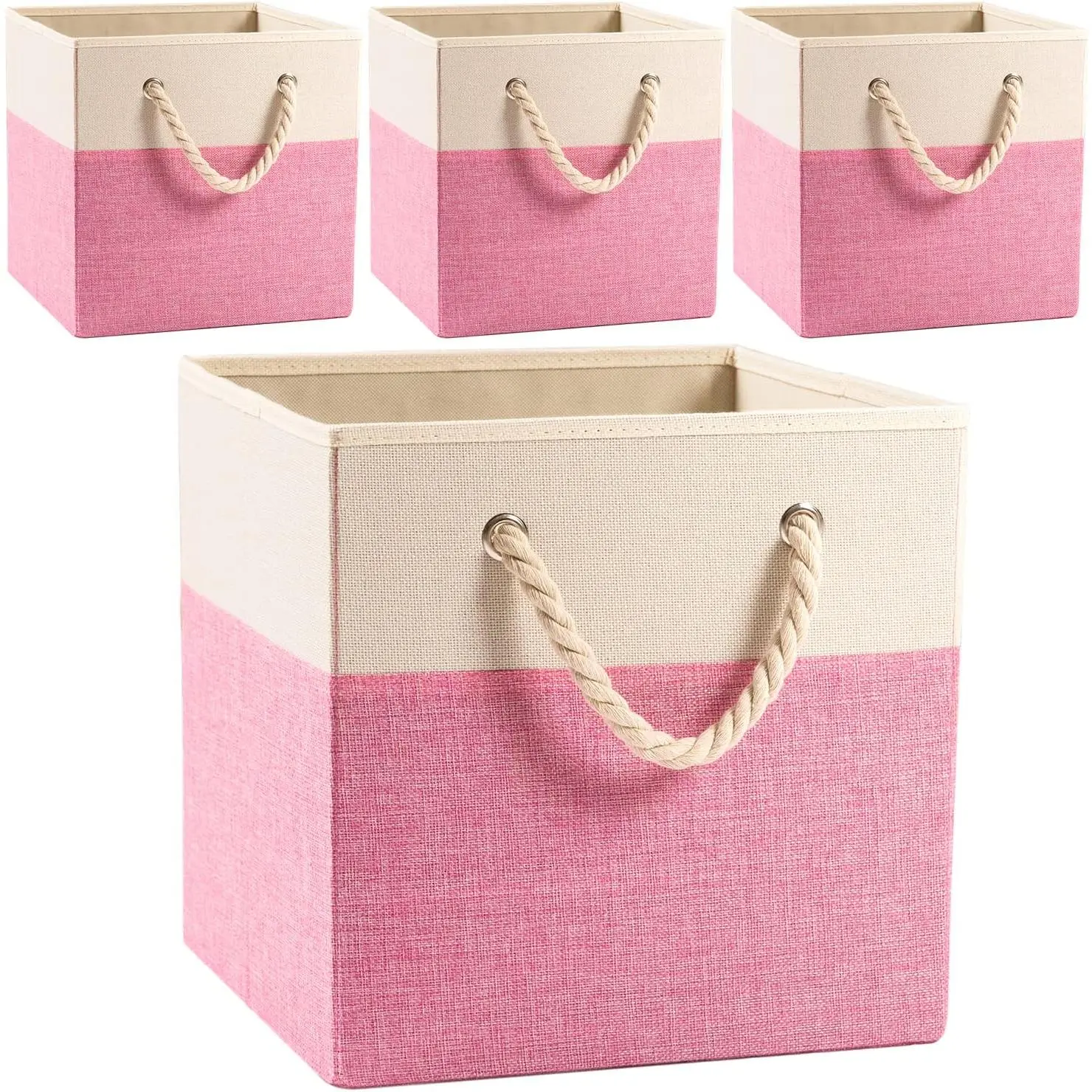 Large Foldable Cube Storage Bins 13x13 inch [4-Pack] Fabric Linen Storage Baskets Cubes Drawer with Cotton Handles Organizer for Shelves Nursery Closet Bedroom Pink