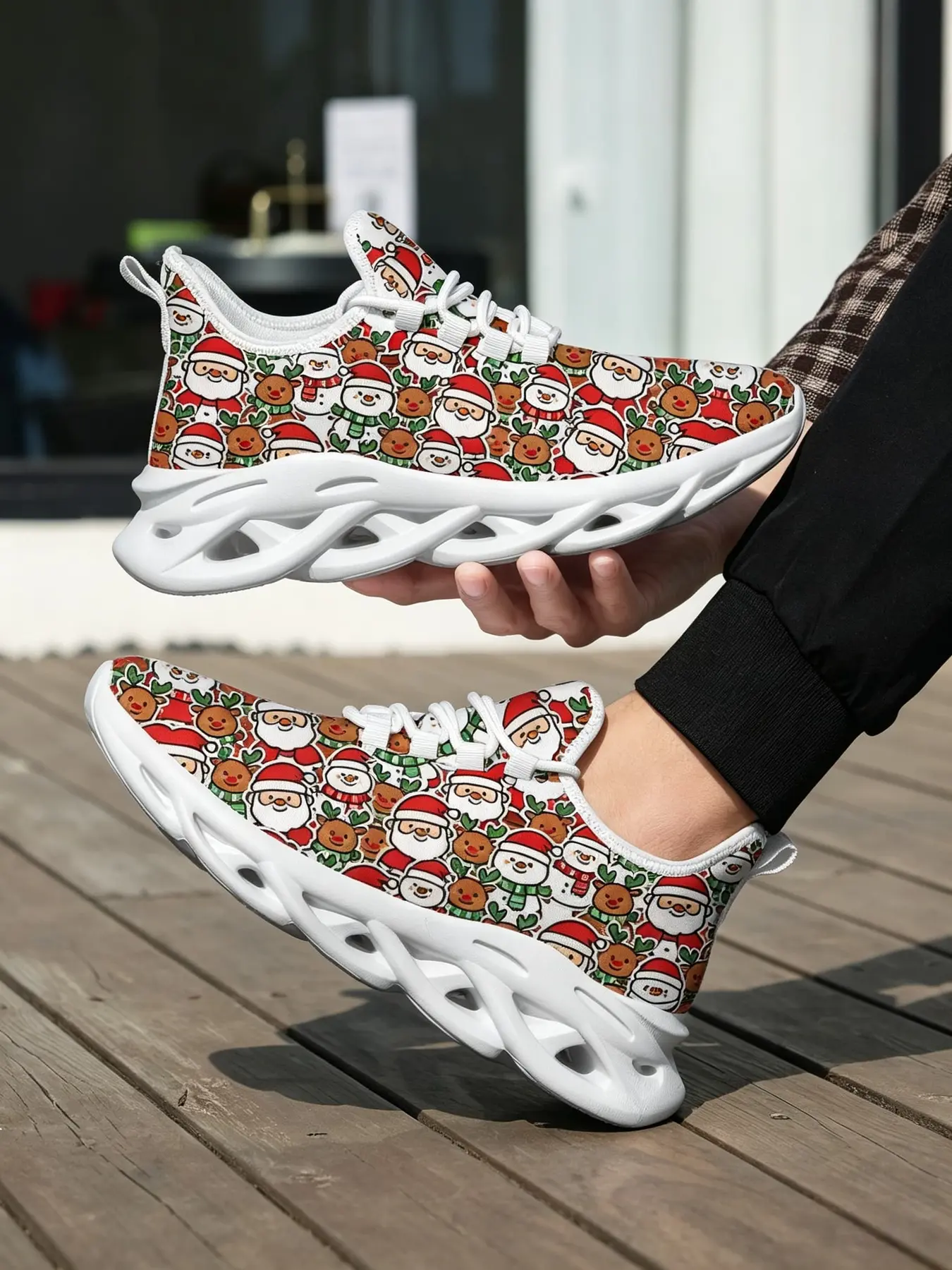 Unisex santa reindeer cartoon blade sneakers christmas cute playful style breathable mesh hollow thick outsole cushioning non slip for party festive daily outings