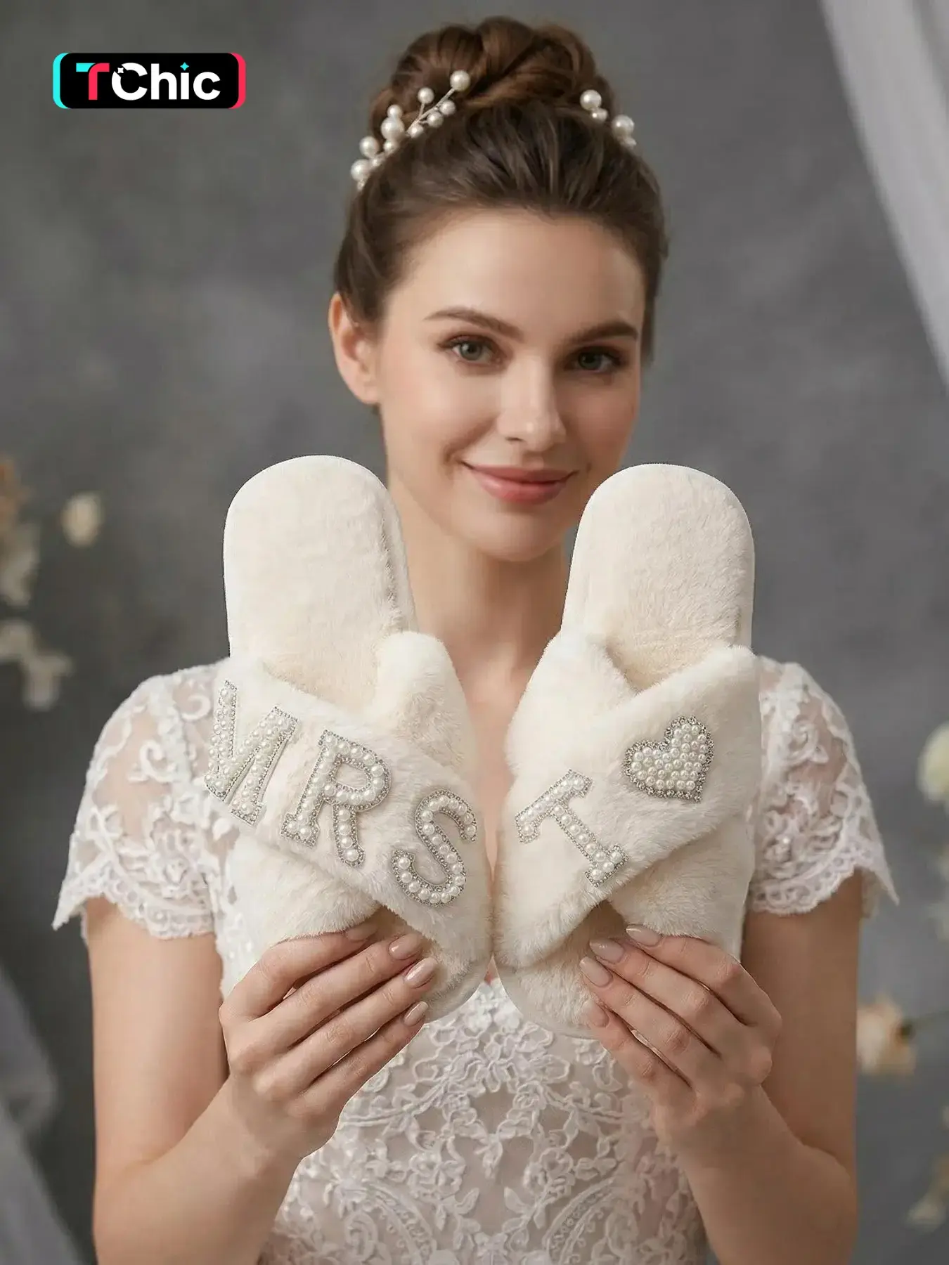 MRS. T White Cross Band Fur Slippers, Cozy Bedroom Slippers, Bridal Wedding Slippers for Getting Ready X-Strap Soft Plush Slippers with Pearl Rhinestones Heart Design, Customizable Letter T, Casual Indoor Shoes for Women, Perfect Gift