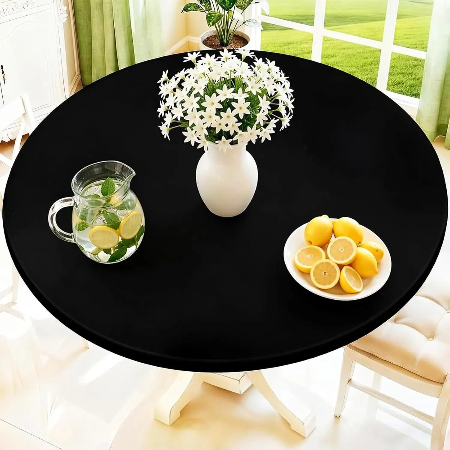 Round Spandex Tablecloth, Elastic Fitted Waterproof Tablecloths for 25"-30" Tables, Stretch Washable Picnic Table Cover for Camping, Dining, Indoor and Outdoor, Black
