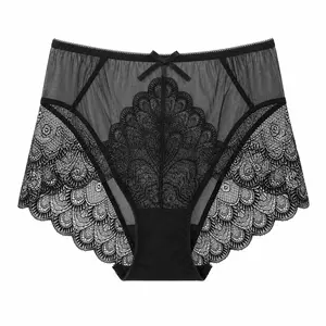 Women's High Waist Lace Panties Soft Mesh Breathable Underwear Full Coverage Comfort Briefs