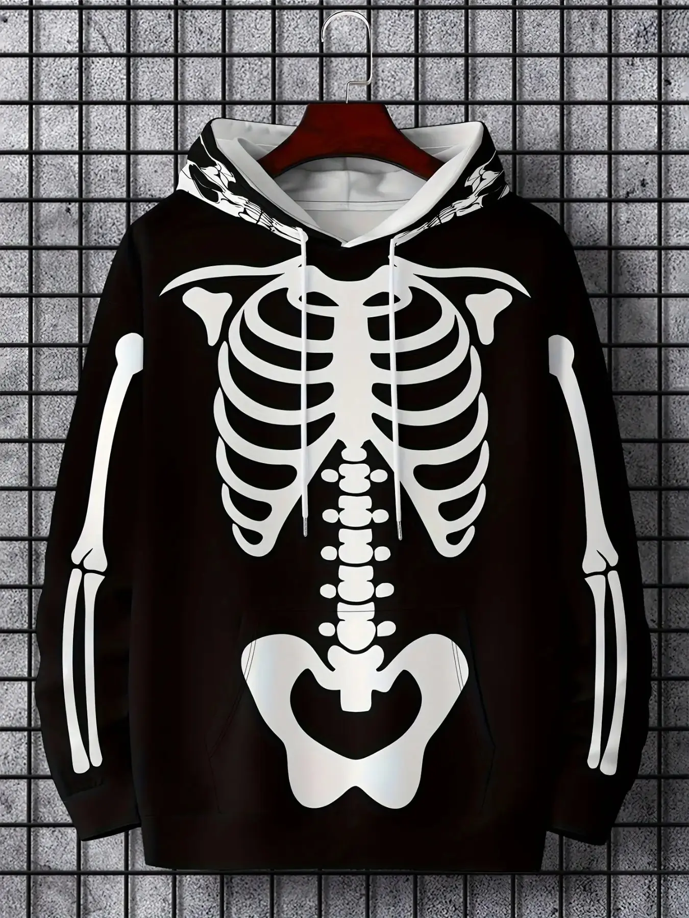 Men Full Skeleton Rib Cage Skull Graphic Hoodie, Gothic 3D All Over Print Pullover Hooded Sweatshirt Streetwear Punk Long Sleeve Hoodie