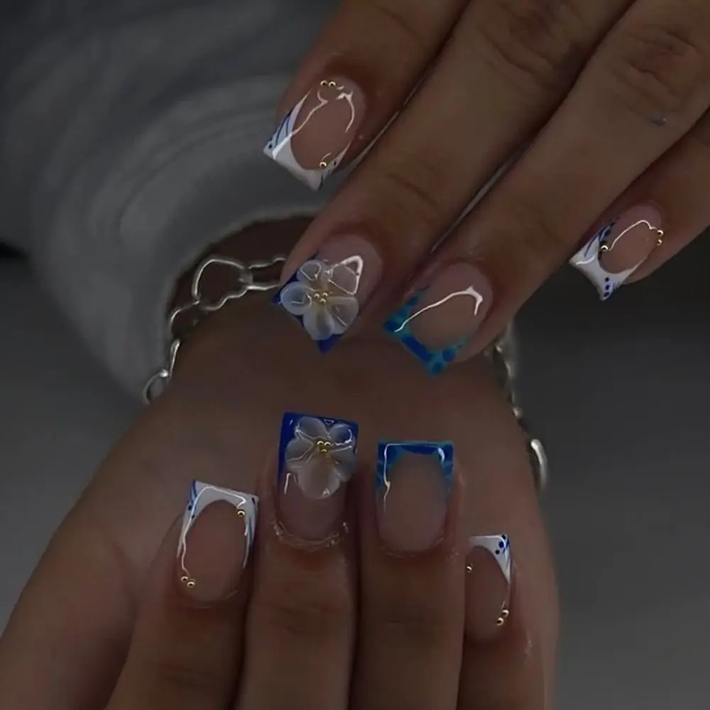 24pcs Short Square Nails, Nude Jelly Base, Blue French Edge, 3D Flowers, Gold Beads, Sweet Style, Party Nails, Nail Design, French Tip