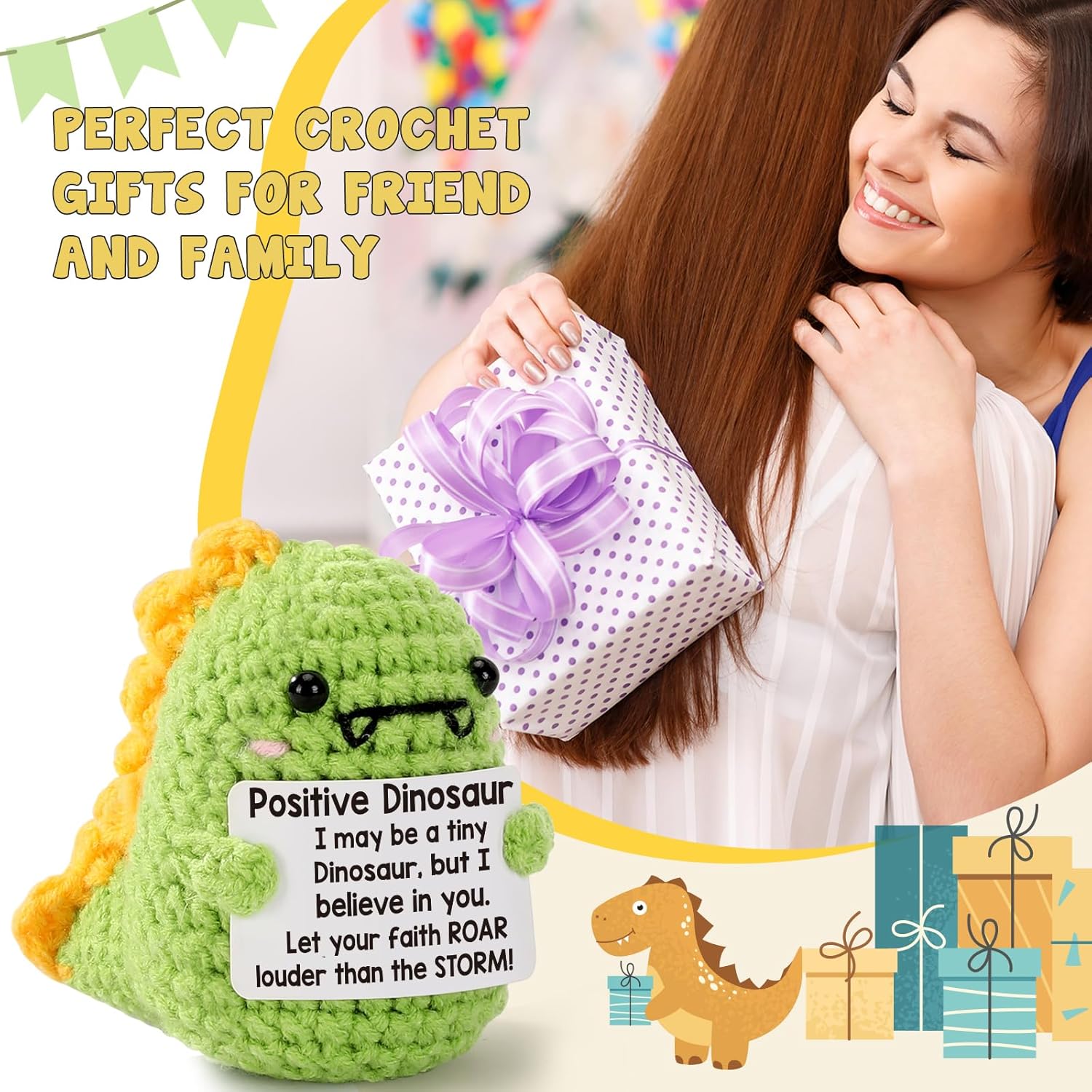 Cute mini handmade inspirational dinosaur plush! This little positive crochet dino is the perfect sweet gift for friends, family, colleagues and loved ones. Great as encouragement presents, birthday gifts and Christmas stocking stuffers for everyone.