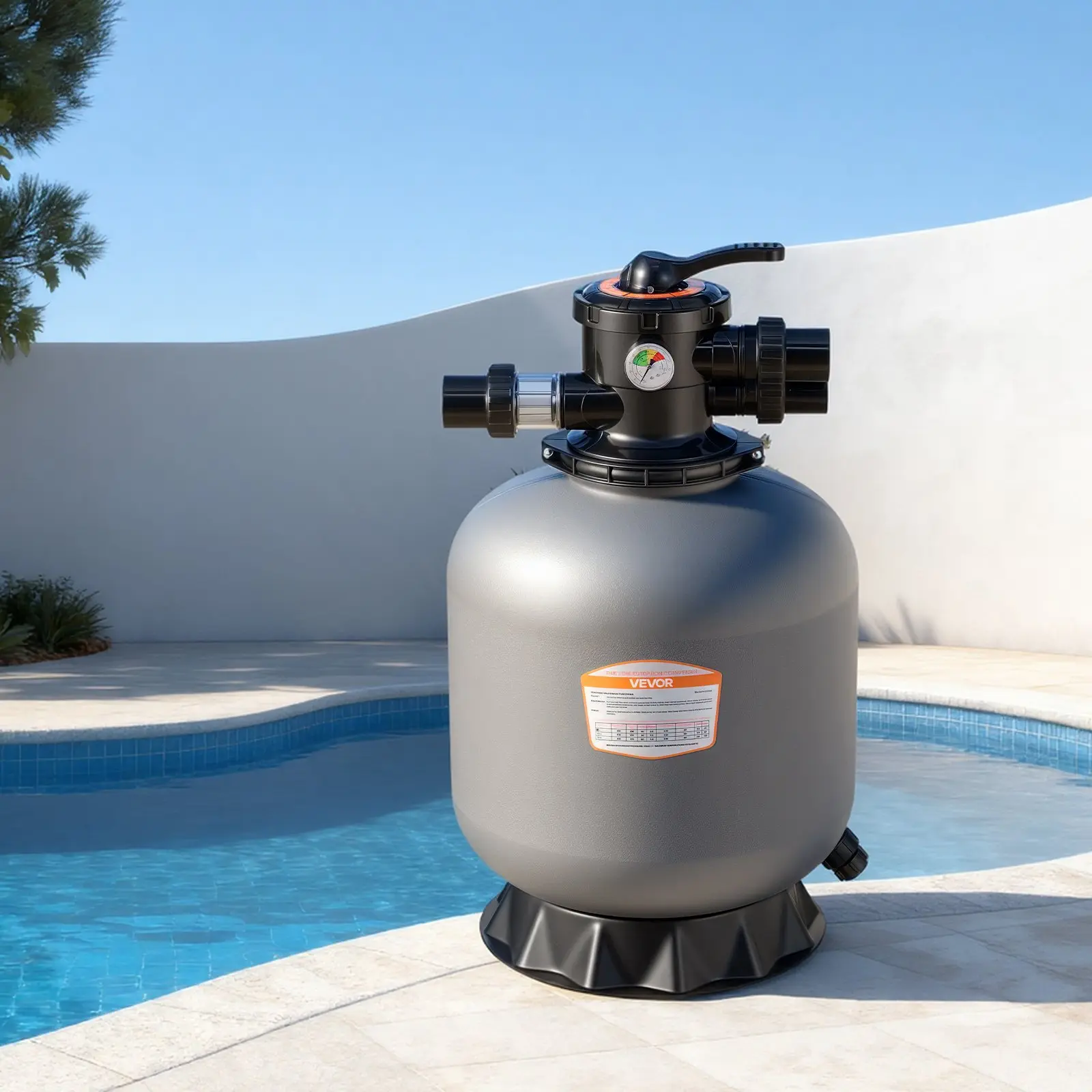 【Summerfinds】VEVOR 18 in Diameter Sand Filter System, 40 GPM with 7-Way Multi-Port Valve, Drain Plug, 1-1/2 in/38.1 mm Fitting for Above-Ground & Backyard Pools (Backwash, Rinse, Recirculate, Waste, Winter, Closed Modes), Filtration Mode, Polymer Tank, Ab