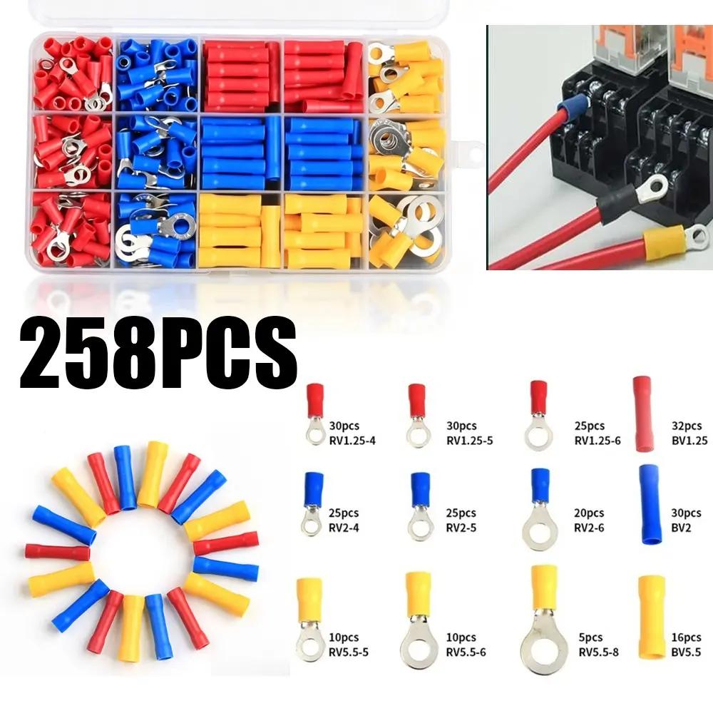 258pcs Boxed Awg22-10/0.5-6.0mm² Circular Crimp Connectors, Various Specifications, Wire Connector Kit, Electrical Wiring Accessories