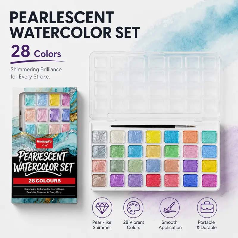 Portable 16/28 Color Shimmer Watercolor Palette, Solid Metallic Paint Cakes with High Color Saturation, Travel Watercolor Set Including Brush and Color Guide for Landscape Painting and Illustration