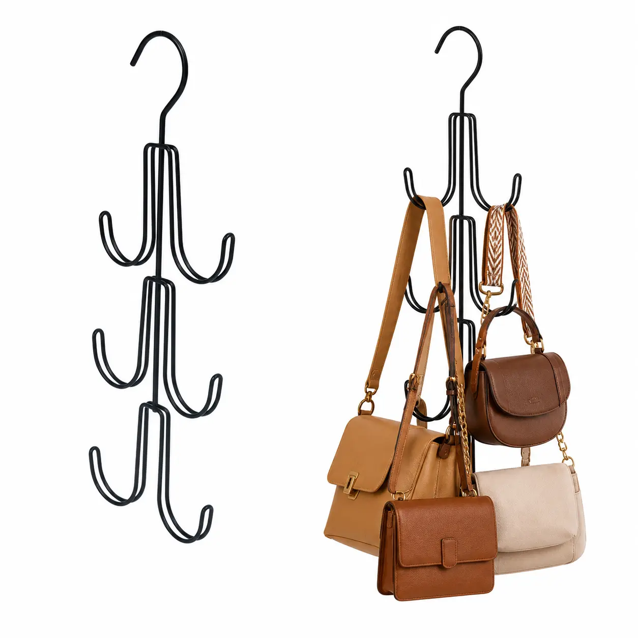 3-Tier Hanging Purse Organizer with 6 U-Shaped Steel Hooks, Space-Saving Closet Hanger for Handbags, Hats, Scarves and Accessories, Black
