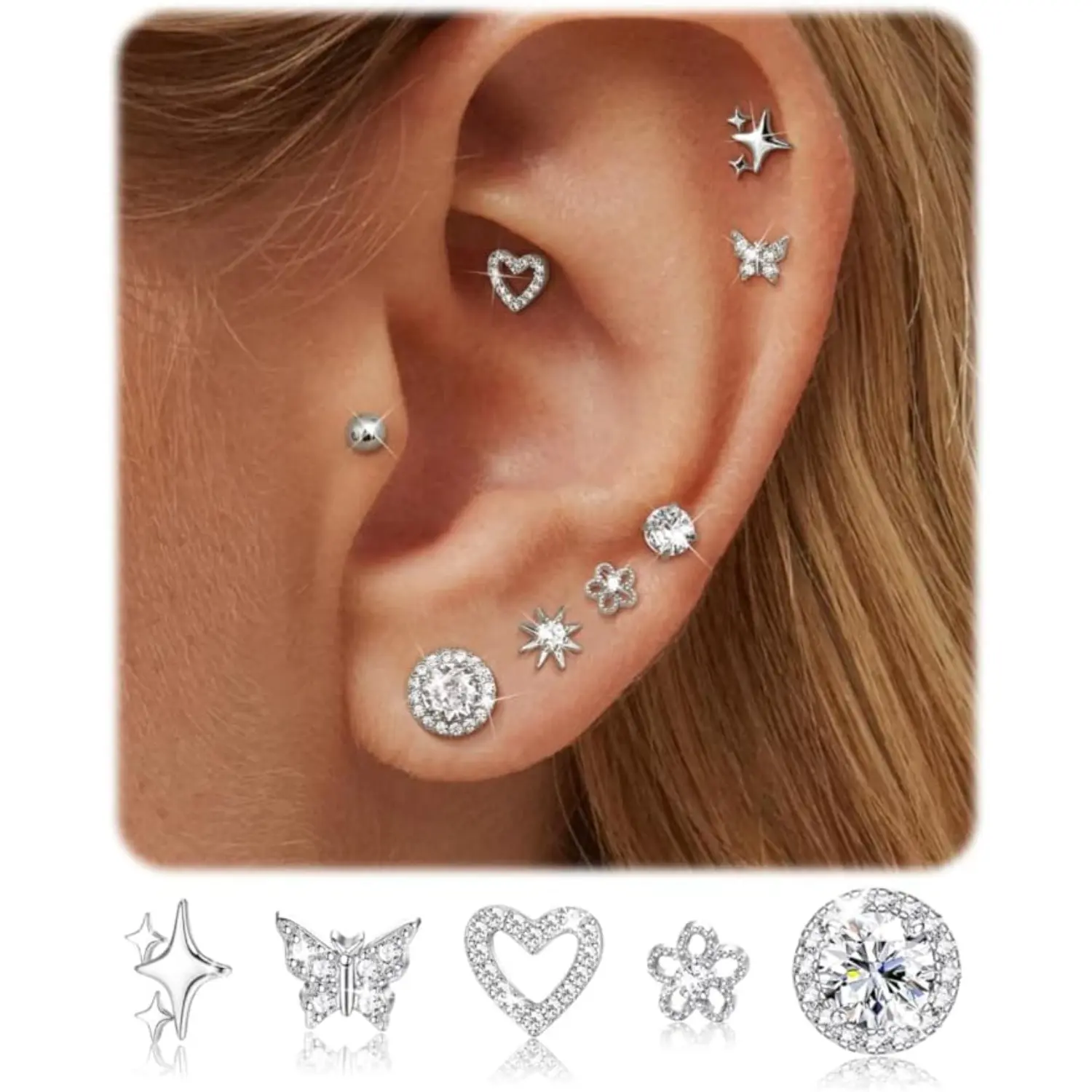 Women's 8-Pair 925 Sterling Silver Earring Set - Classic Earrings, Cubic Zirconia Studs, Lightweight Hoops, Sparkles, Hypoallergenic Stack for Multiple Piercings & Sensitive Ears, Lightweight Earring, Earring Stack