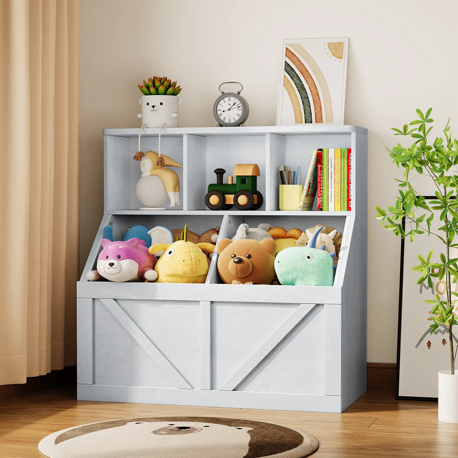 Garvee Kids Toy Storage Organizer with Bookshelf - Safe Stable Toddler Step Shelf, Large Storage Bin & Cabinet for Playroom/Bedroom/Nursery/Daycare - Washed Gray