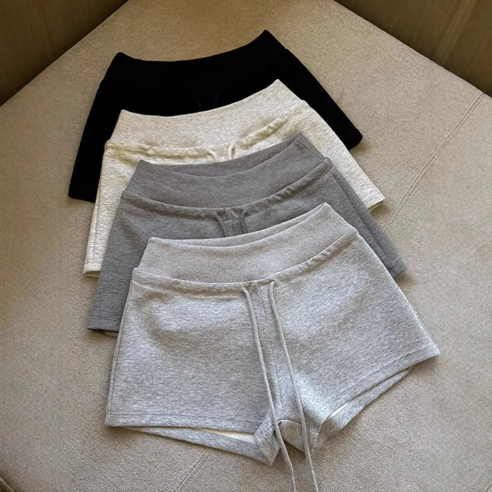 Women's Gray Sports Shorts, Basic Nylon Blend Low Waist Bottoms for Casual Wear, Loose Straight Leg Fit for Petite Figures, Clothes, Solid Plain, Lady, Casual Relaxed Shorts