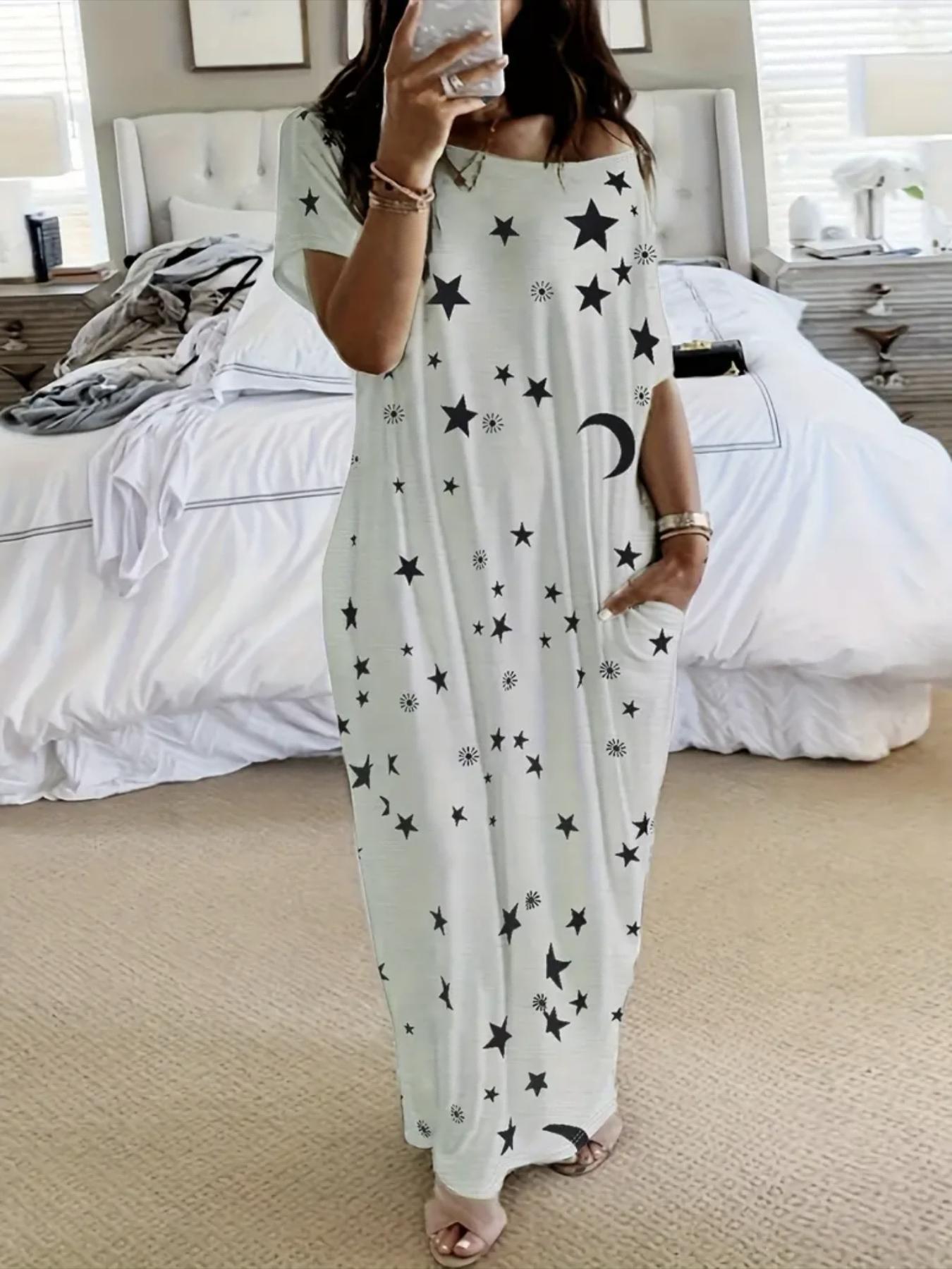 Women's Butterfly/Star Print Pocket Round Neck Nightdress, Casual Soft Comfortable Short Sleeve Nightgown for All Seasons, Lady's Sleepwear for Indoor Wear, Sleepwear Dresses
