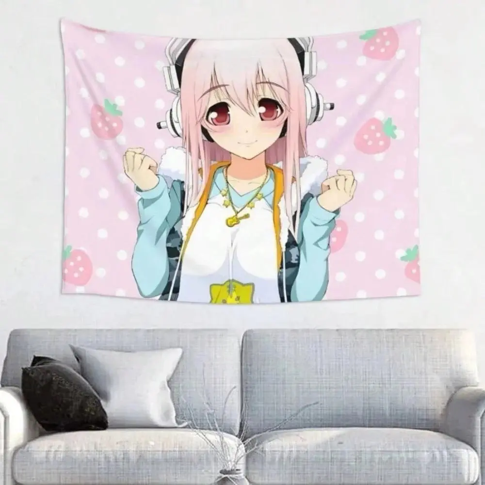 Super Sonico Anime Kawaii Girl Polyester Backdrop, Lightweight Wall Hanging Tapestry for Anime Fans, Cute Comic INS Blanket Room Decor Wall Cloth (Home Supplies), Hanging Clips