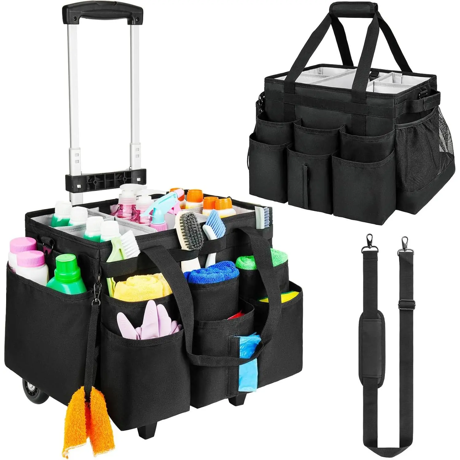ZIOZERTT Large Rolling Cleaning Caddy Bag with Detachable Trolley - Cleaning Organizer with Wheels, Shoulder Strap and Detachable Waist Bag for Home, Car