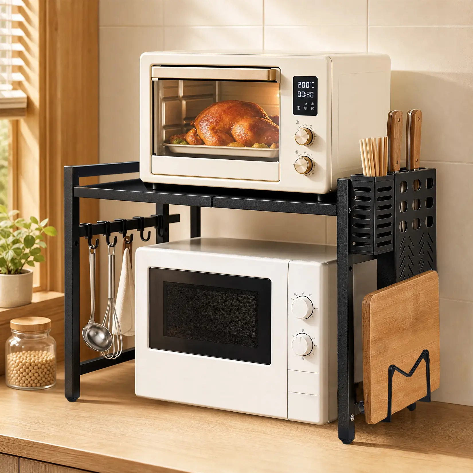 Adjustable Expandable Microwave Stand – Heavy Duty Black Metal Kitchen Counter Shelf with Hooks – Single-Tier Space-Saving Storage Organizer for Appliances and Utensils, Fits 15.7"–23.6" Wide