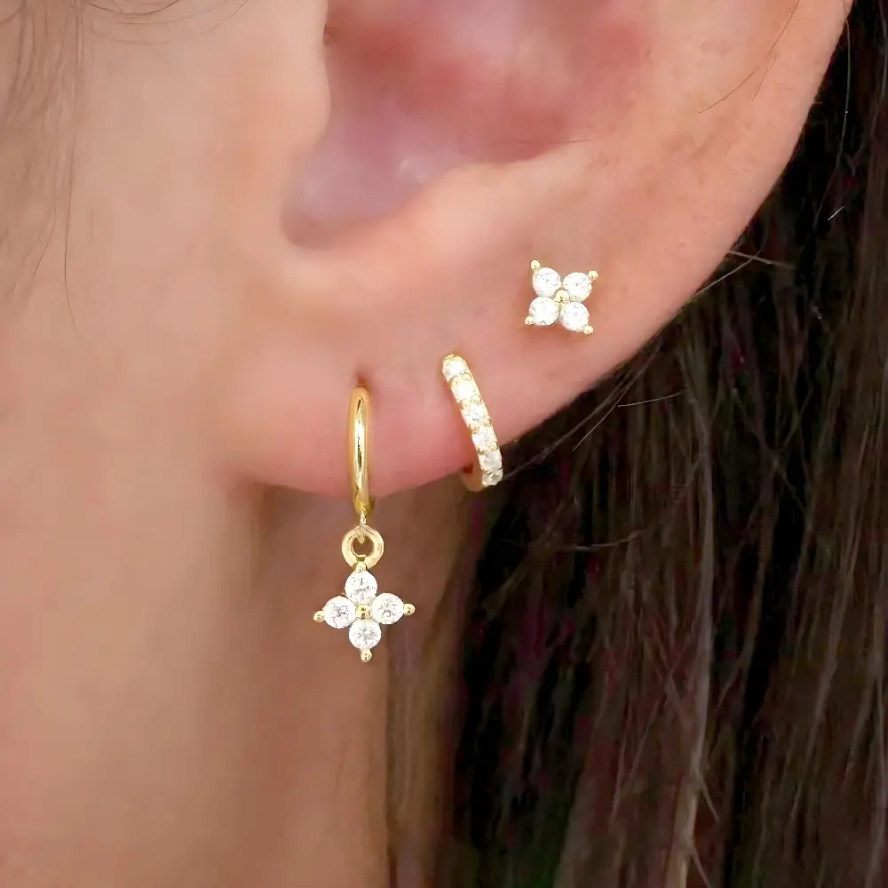 Minimalist Tiny Flower Hoop + Stud Earrings, Anti-Tarnish Metal Skin-Friendly Costume Jewelry, ~4g Total Delicate Wedding Wear Gift for Bridesmaids, Hoop + Studs