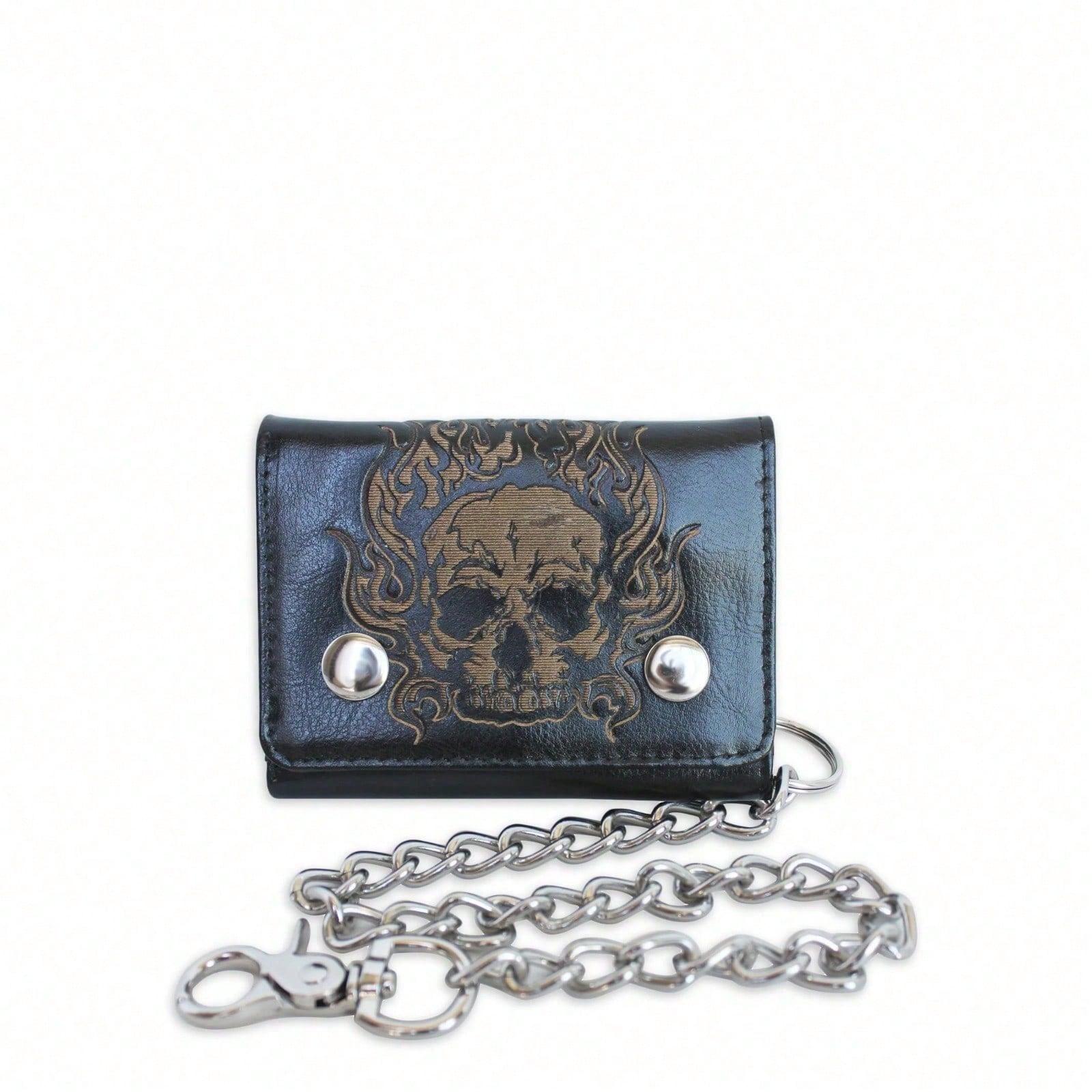 Men's Chain Wallet With Laser-Embossed Skull Design And Two-Snap Closure - Black Halloween